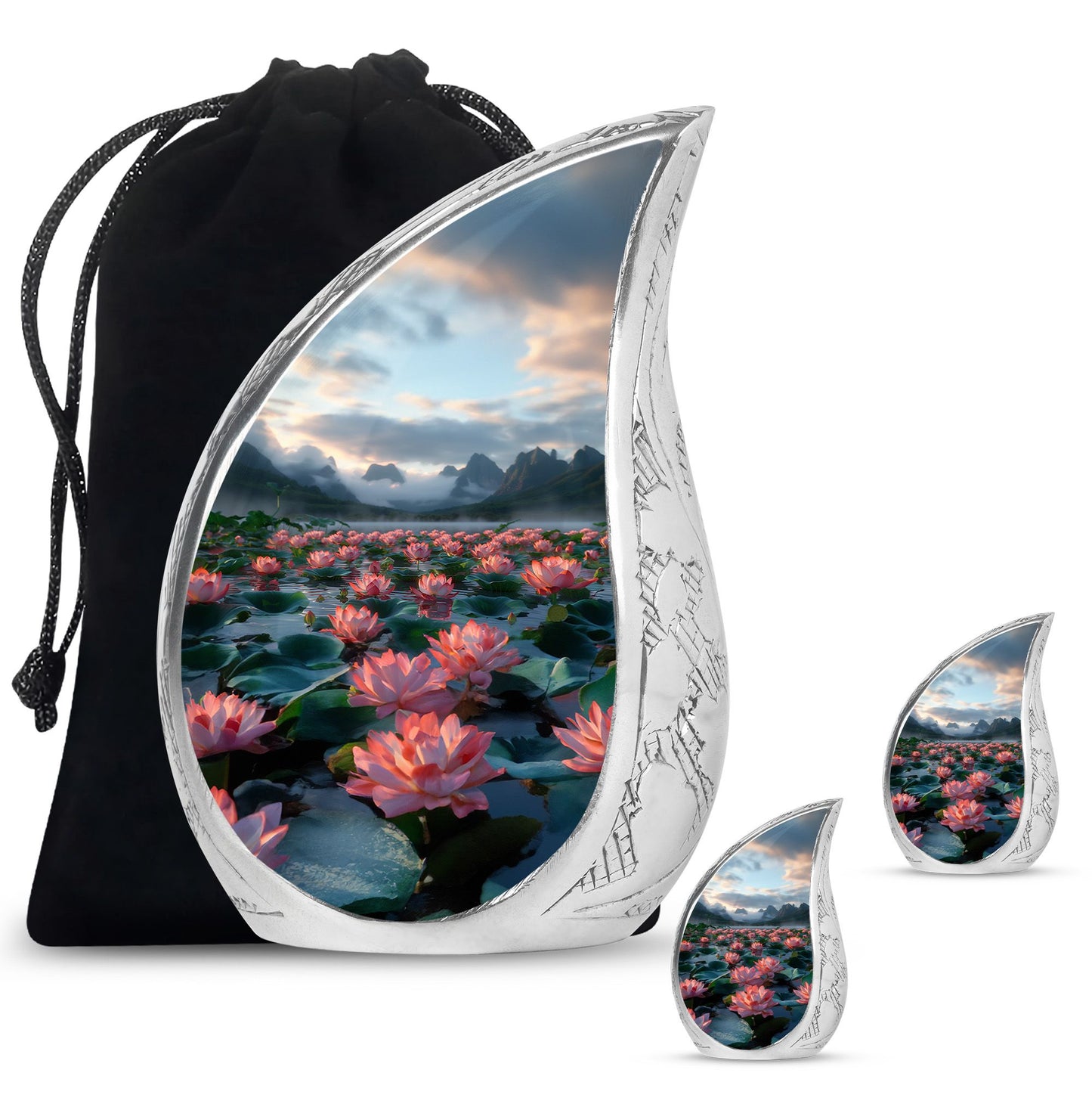 Lotus Theme Large Urn With 2 Keepsake Urn