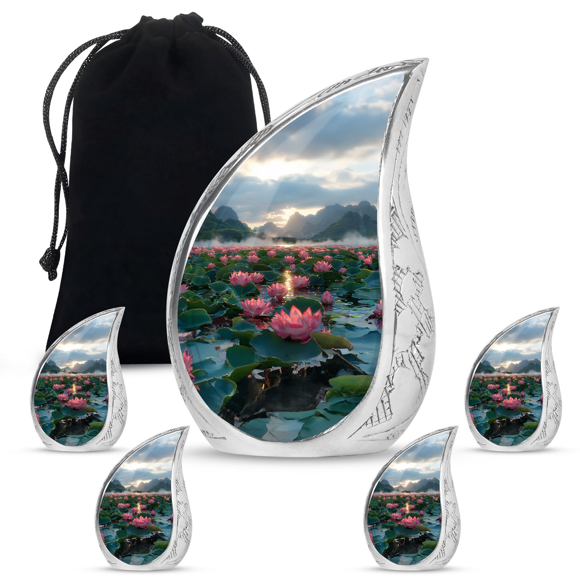 Lotus Theme Large Urn With 4 Keepsake Urn