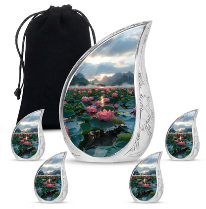 Lotus Theme Large Urn With 4 Keepsake Urn