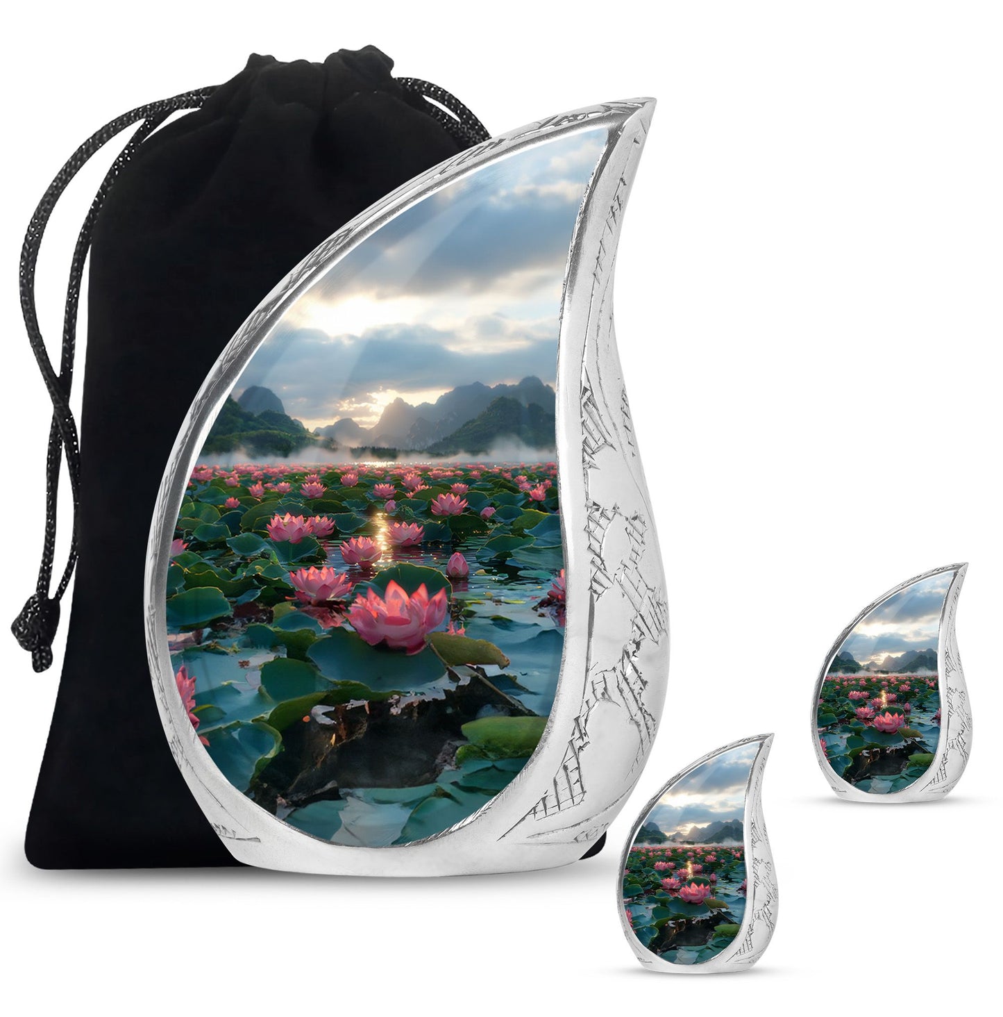 Lotus Theme Large Urn With 2 Keepsake Urn