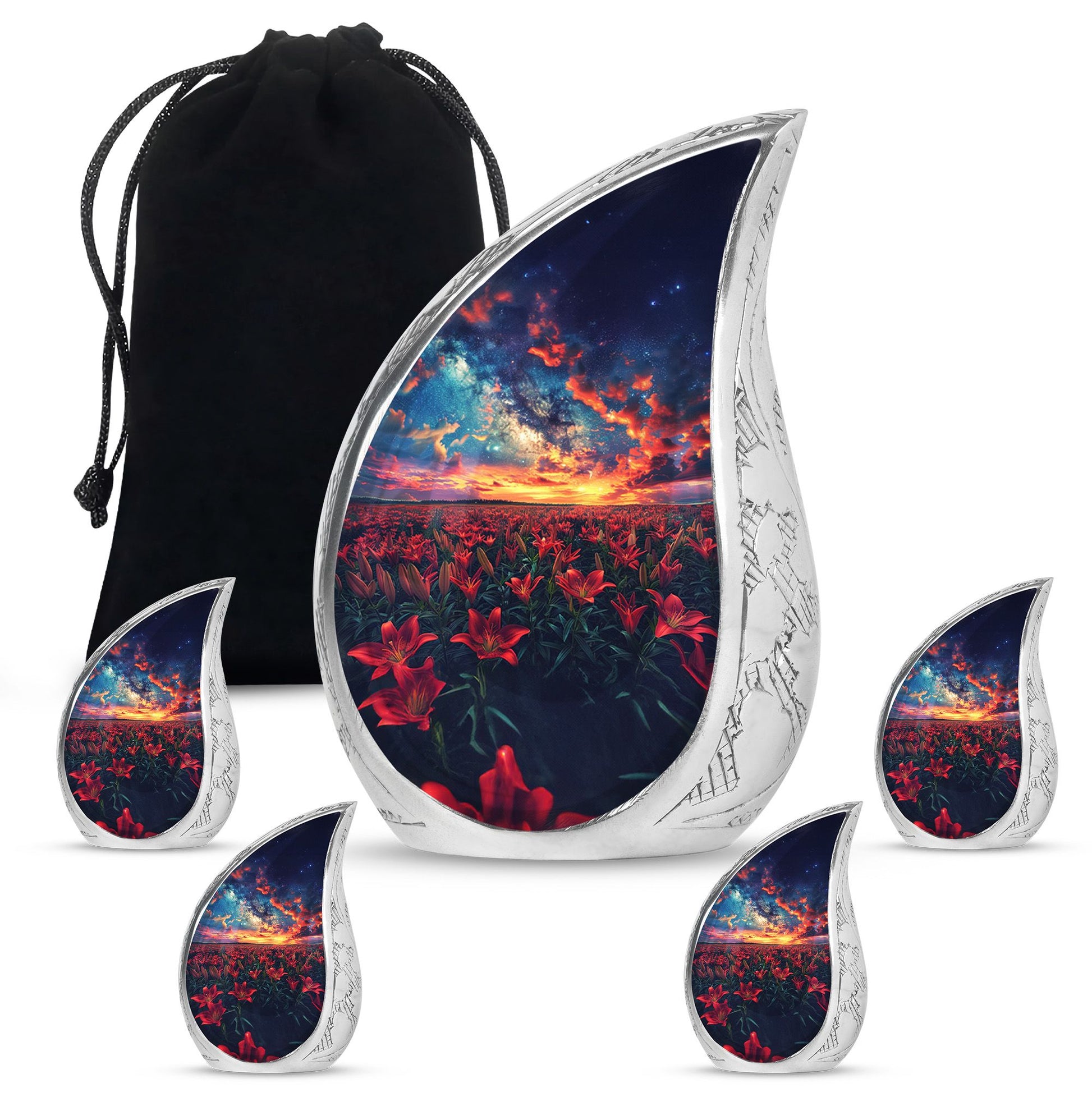 Lily Theme Large Urn With 4 Keepsake Urn