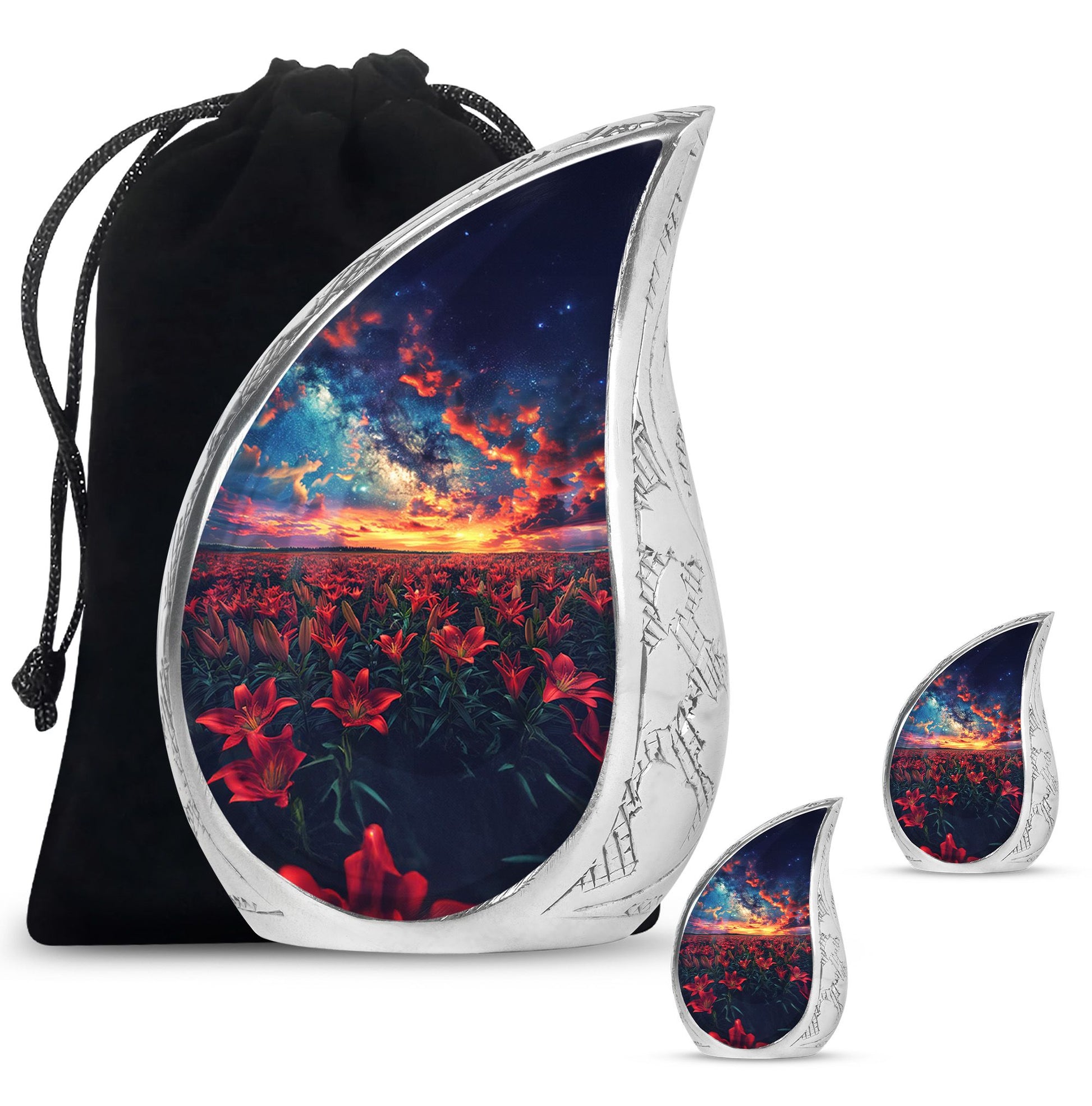 Lily Theme Large Urn With 2 Keepsake Urn