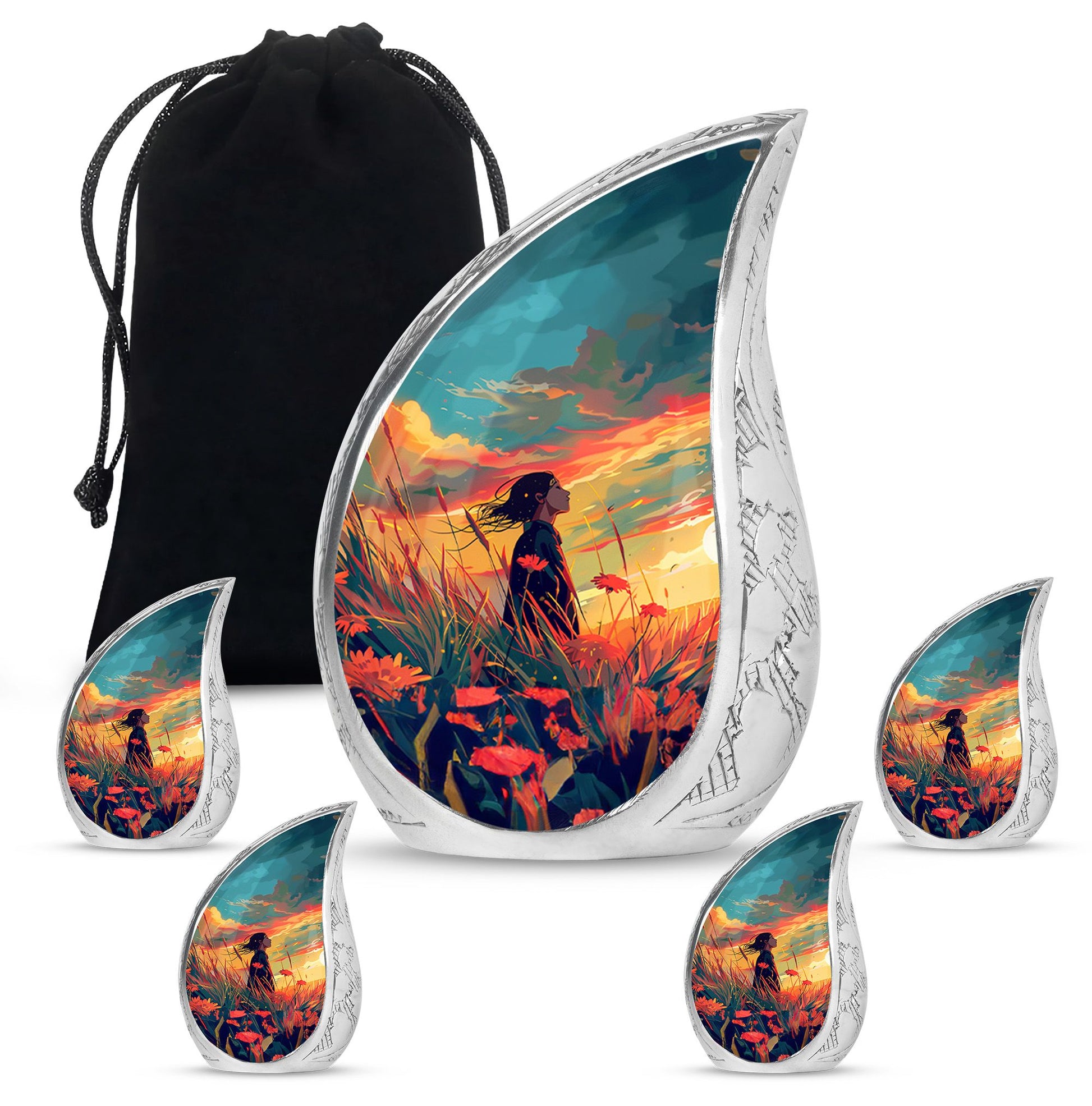 Flower Theme Large Urn With 4 Keepsake Urn