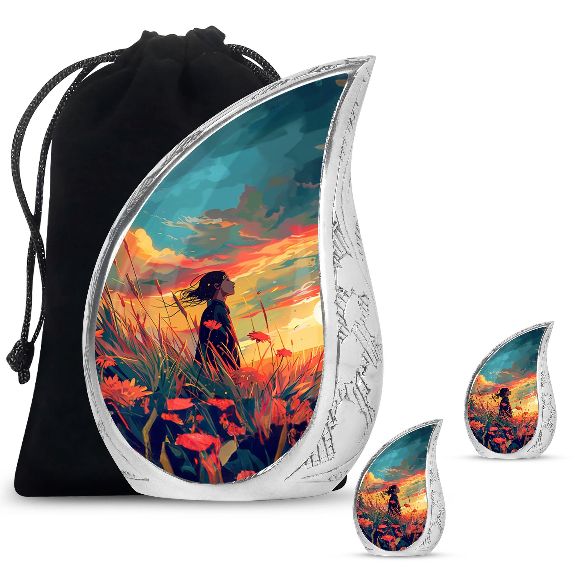 Flower Theme Large Urn With 2 Keepsake Urn