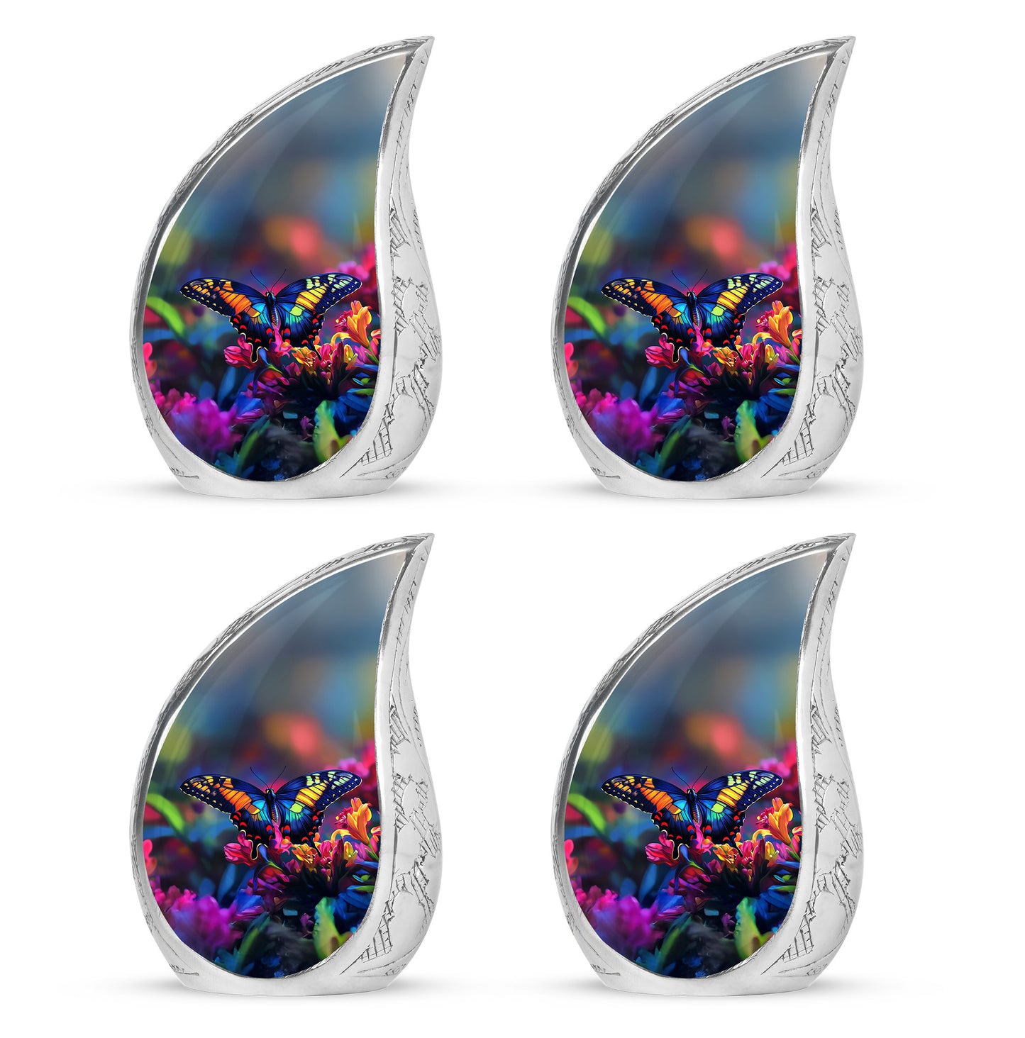 Steel Blue Butterfly Cremation Urn close-up of engraving and surface detail - graceful tear-shaped urn with butterfly motif - 10 inch aluminum urn for cremated remains