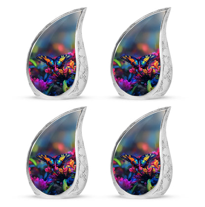 Steel Blue Butterfly Cremation Urn close-up of engraving and surface detail - graceful tear-shaped urn with butterfly motif - 10 inch aluminum urn for cremated remains