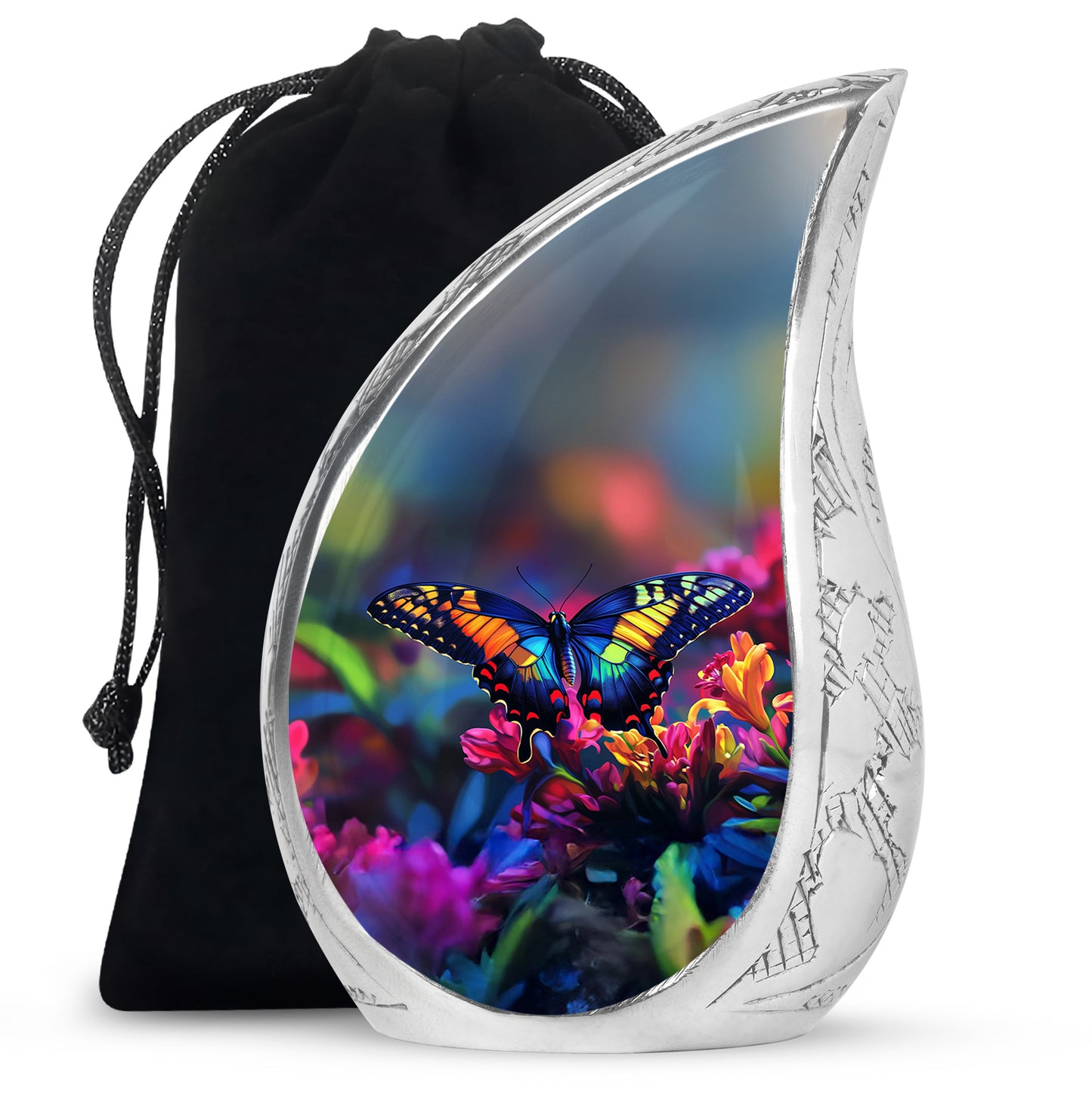 Sky Blue Butterfly Cremation Urn front view showing detailed design - rounded teardrop butterfly design with delicate detail - full-size 10 inch 200 cubic inch adult cremation urn