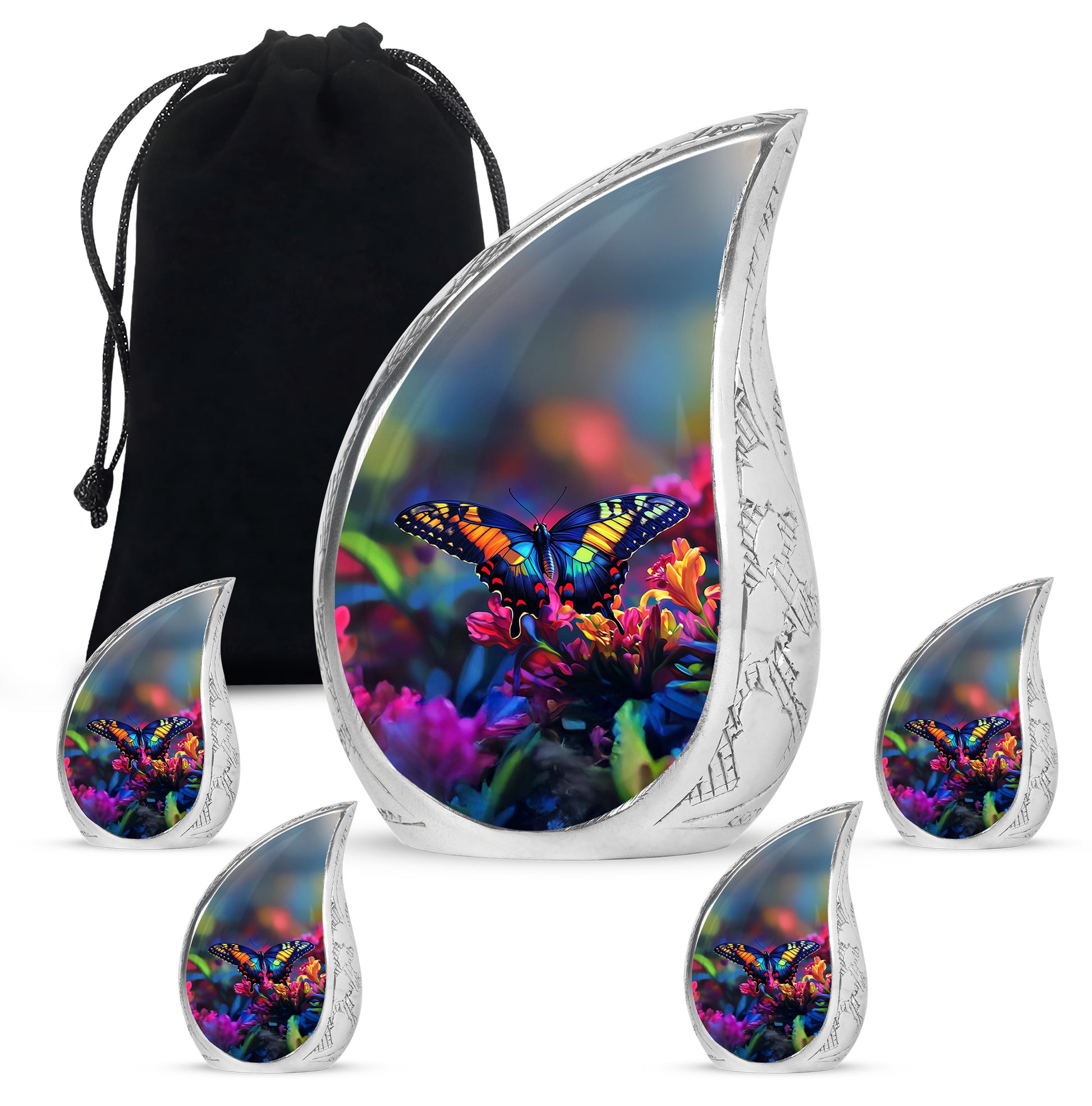 Pastel Blue Butterfly Cremation Urn side profile showing urn shape - flowing teardrop butterfly silhouette on curved aluminum - memorial set with one large and four small urns