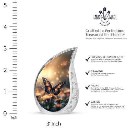 Amber Gold Butterfly Cremation Urn angled view of lid and engraved motif - flowing teardrop butterfly silhouette on curved aluminum - mini keepsake memorial for portion of cremation ashes
