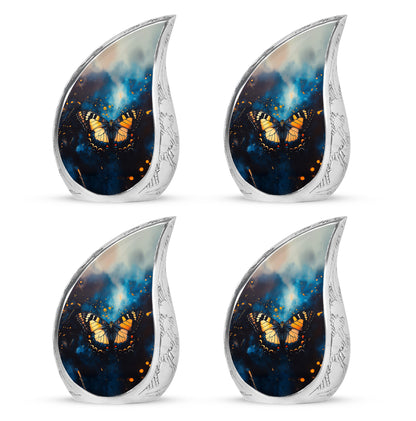 Soft Blue Butterfly Cremation Urn close-up of engraving and surface detail - smooth teardrop contour featuring butterfly art - 10 inch aluminum urn for cremated remains