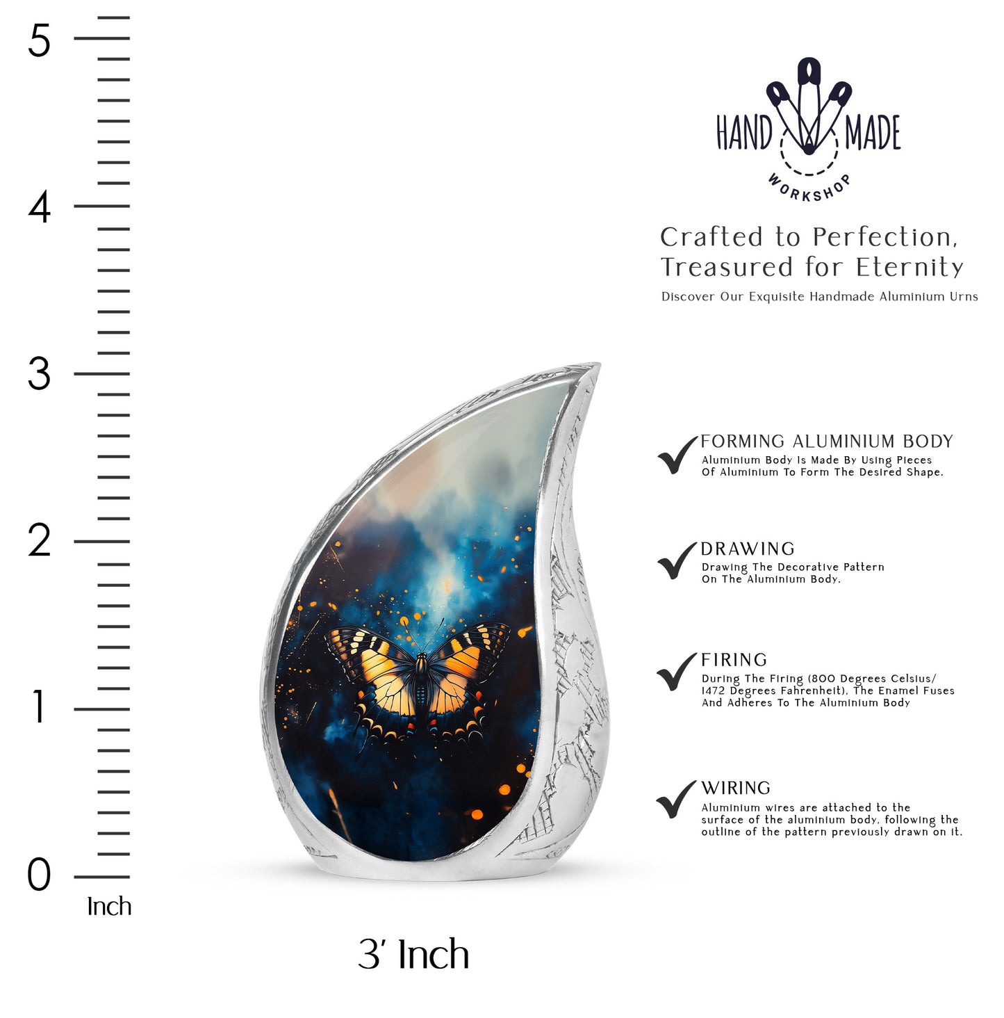 Serene Blue Butterfly Cremation Urn angled view of lid and engraved motif - smooth teardrop contour featuring butterfly art - mini keepsake memorial for portion of cremation ashes