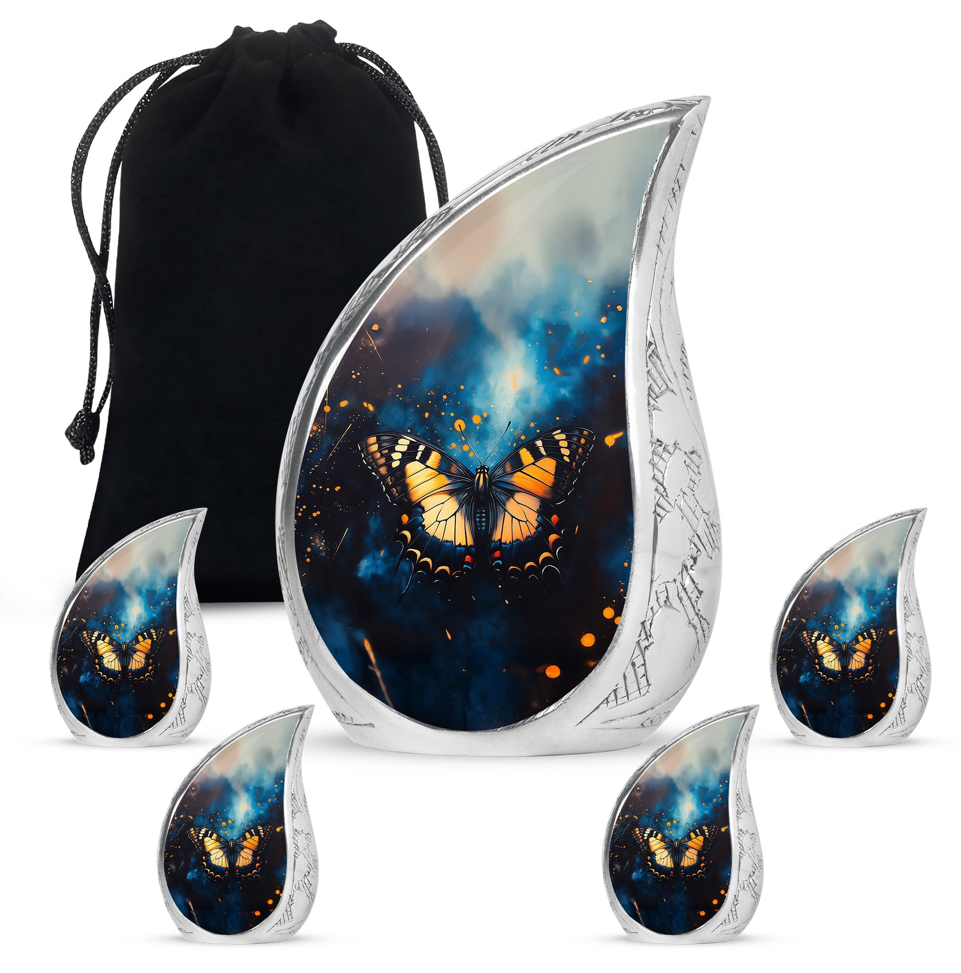 Bright Blue Butterfly Cremation Urn side profile showing urn shape - smooth teardrop contour featuring butterfly art - memorial set with one large and four small urns