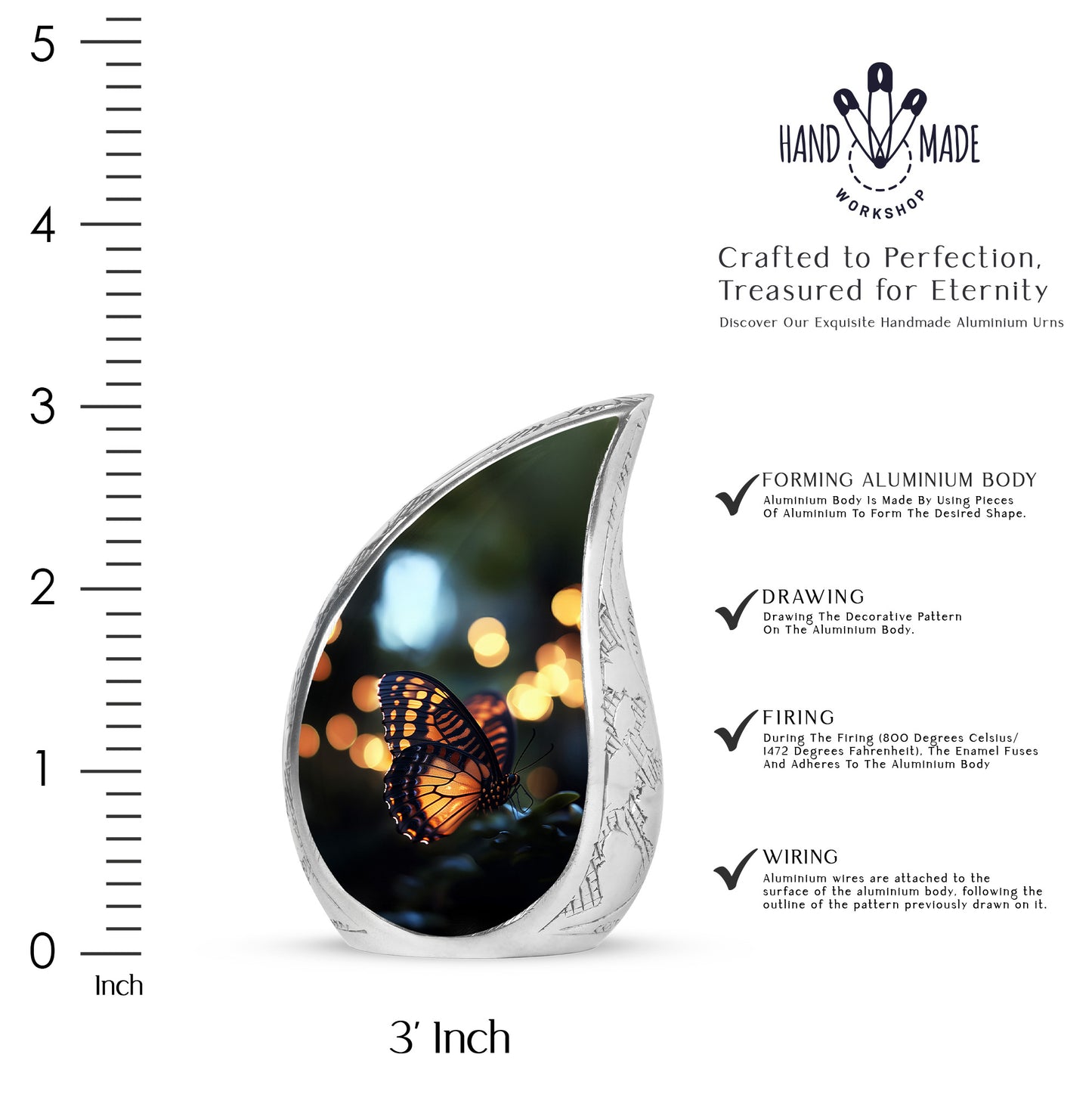 Deep Black Butterfly Cremation Urn angled view of lid and engraved motif - rounded teardrop butterfly design with delicate detail - mini keepsake memorial for portion of cremation ashes