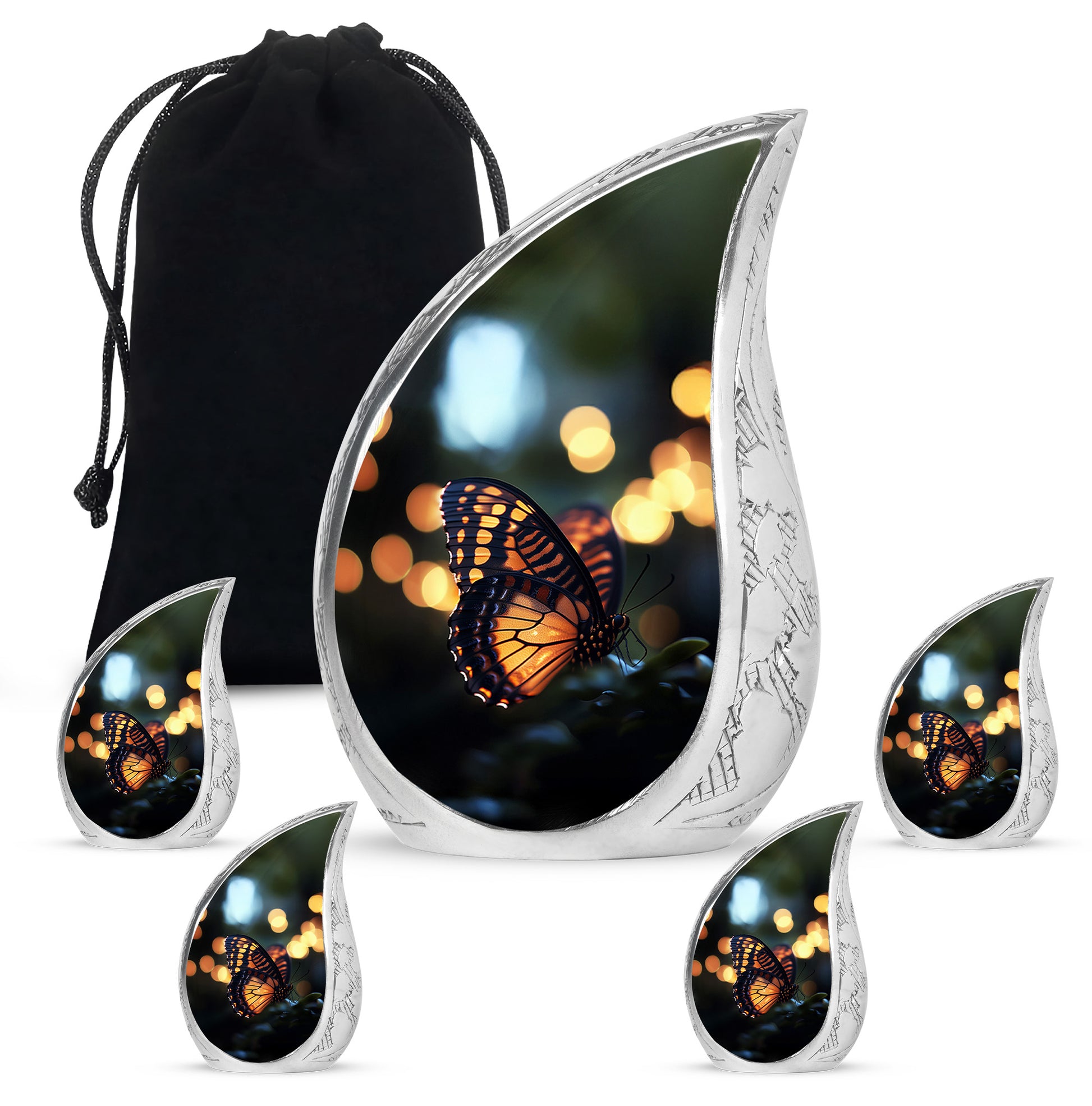 Dark Black Butterfly Cremation Urn side profile showing urn shape - graceful tear-shaped urn with butterfly motif - memorial set with one large and four small urns
