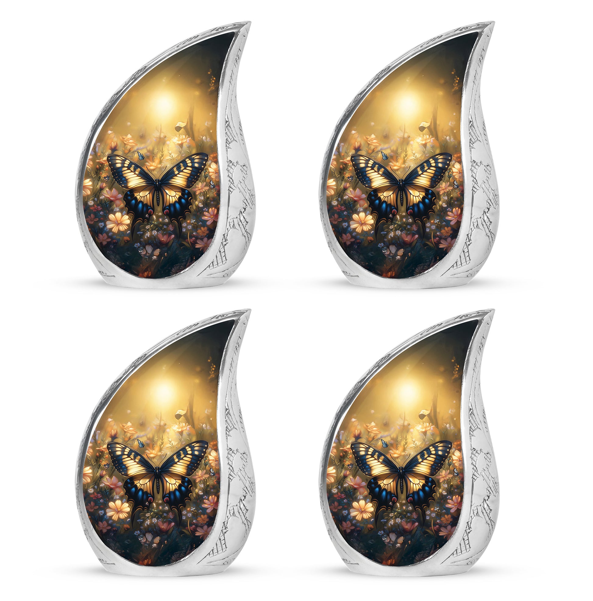 Antique Gold Butterfly Cremation Urn close-up of engraving and surface detail - rounded teardrop butterfly design with delicate detail - 10 inch aluminum urn for cremated remains
