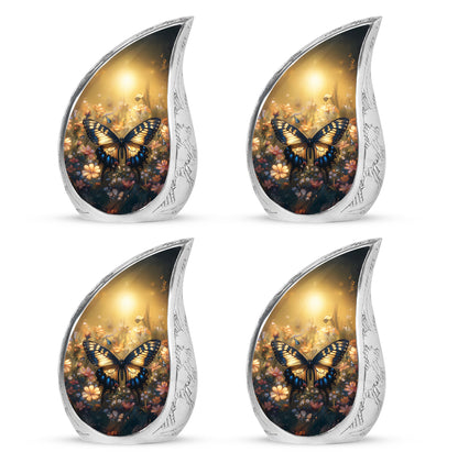 Antique Gold Butterfly Cremation Urn close-up of engraving and surface detail - rounded teardrop butterfly design with delicate detail - 10 inch aluminum urn for cremated remains