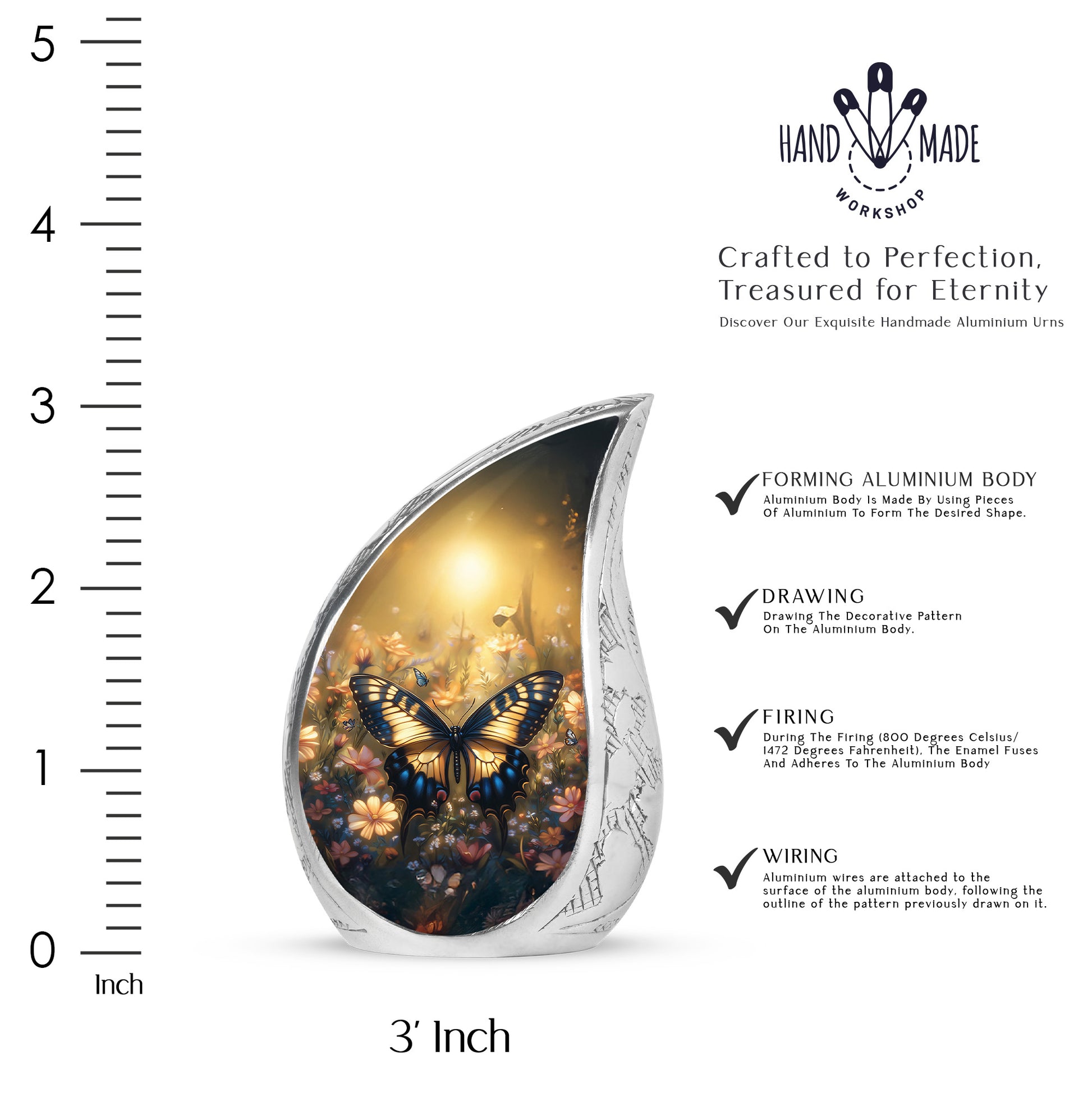 Amber Gold Butterfly Cremation Urn angled view of lid and engraved motif - flowing teardrop butterfly silhouette on curved aluminum - mini keepsake memorial for portion of cremation ashes
