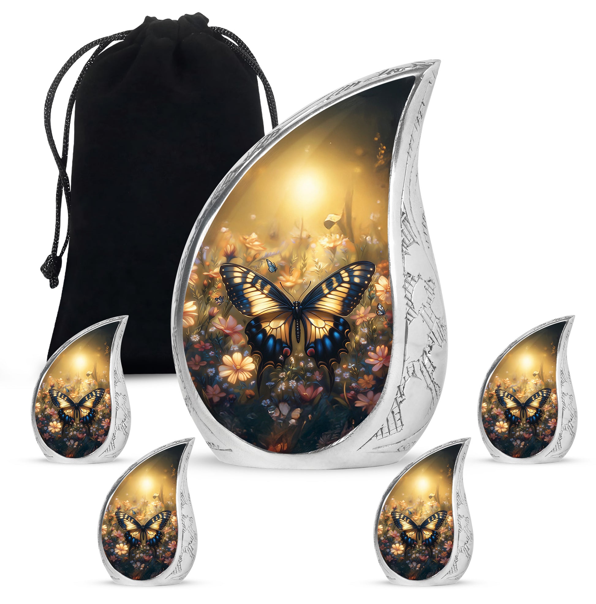 Royal Gold Butterfly Cremation Urn side profile showing urn shape - smooth teardrop contour featuring butterfly art - memorial set with one large and four small urns