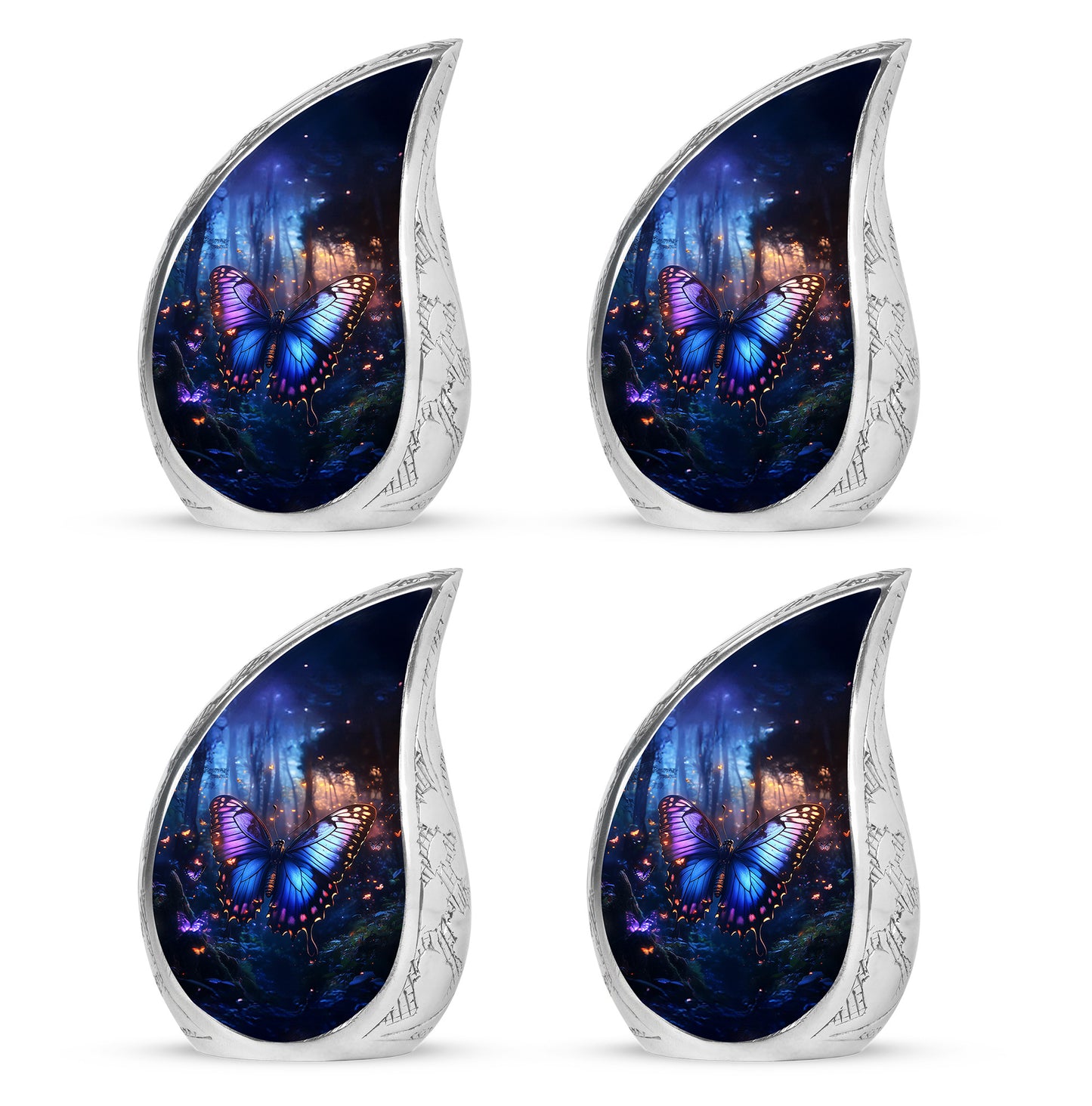 Soft Blue Butterfly Cremation Urn close-up of engraving and surface detail - smooth teardrop contour featuring butterfly art - 10 inch aluminum urn for cremated remains