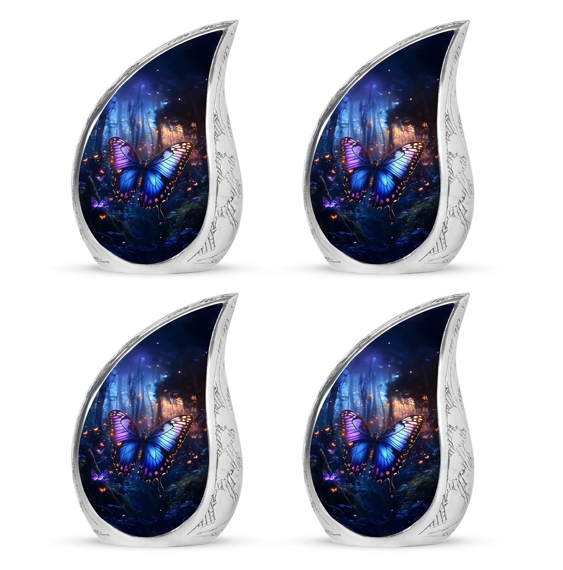 Soft Blue Butterfly Cremation Urn close-up of engraving and surface detail - smooth teardrop contour featuring butterfly art - 10 inch aluminum urn for cremated remains