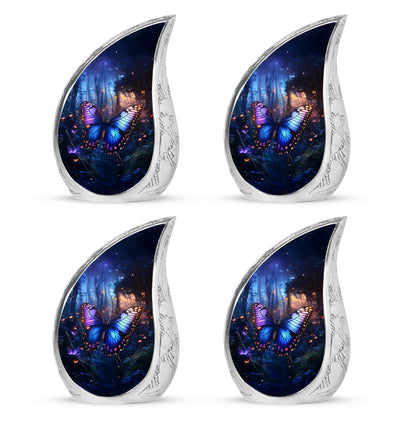 Soft Blue Butterfly Cremation Urn close-up of engraving and surface detail - smooth teardrop contour featuring butterfly art - 10 inch aluminum urn for cremated remains