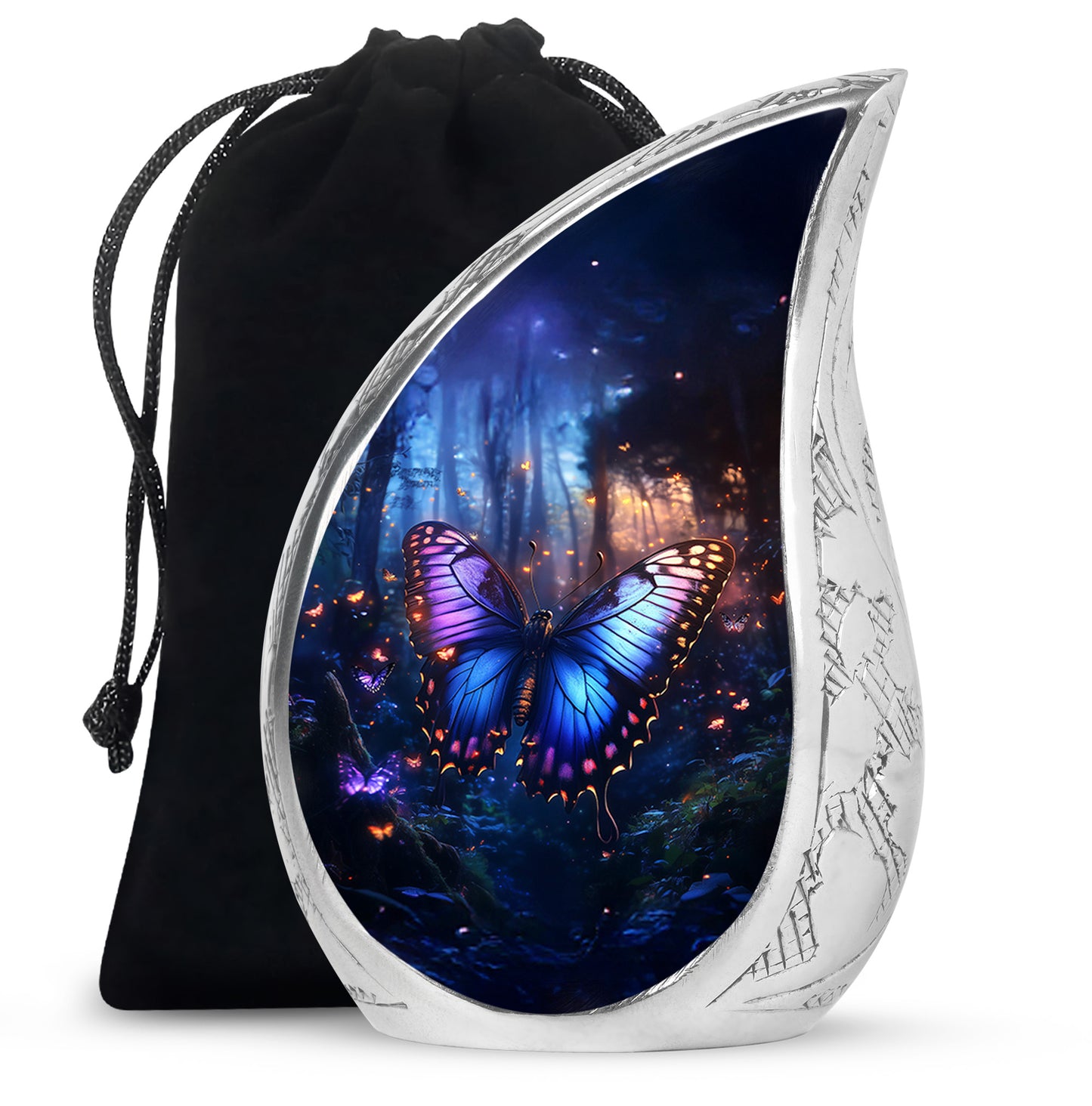 Sapphire Blue Butterfly Cremation Urn front view showing detailed design - smooth teardrop contour featuring butterfly art - full-size 10 inch 200 cubic inch adult cremation urn