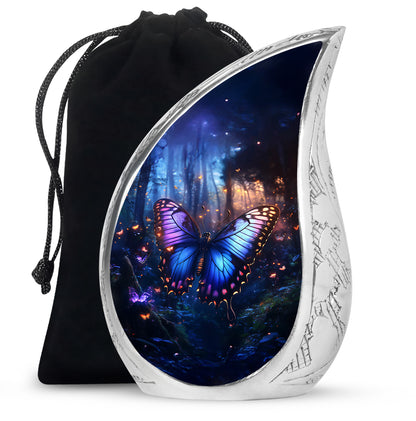 Sapphire Blue Butterfly Cremation Urn front view showing detailed design - smooth teardrop contour featuring butterfly art - full-size 10 inch 200 cubic inch adult cremation urn