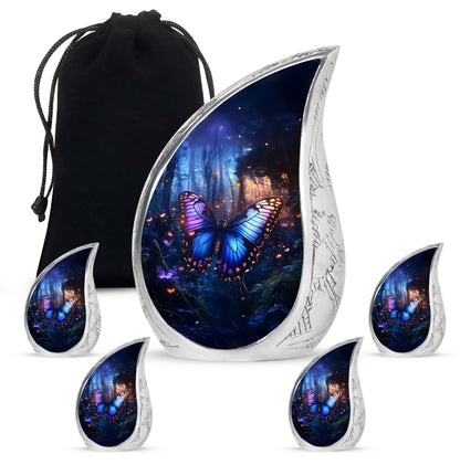 Vivid Blue Butterfly Cremation Urn side profile showing urn shape - smooth teardrop contour featuring butterfly art - memorial set with one large and four small urns