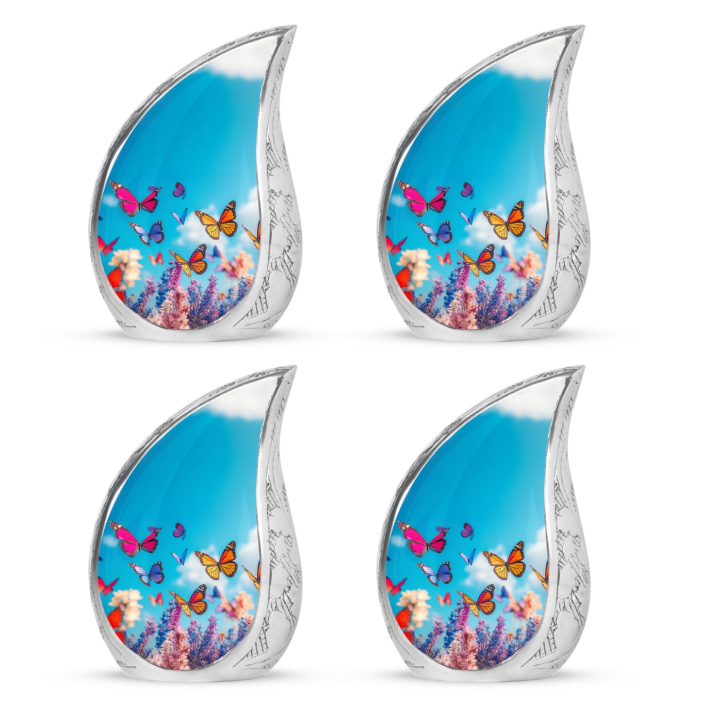Cobalt Blue Butterfly Cremation Urn close-up of engraving and surface detail - graceful tear-shaped urn with butterfly motif - 10 inch aluminum urn for cremated remains
