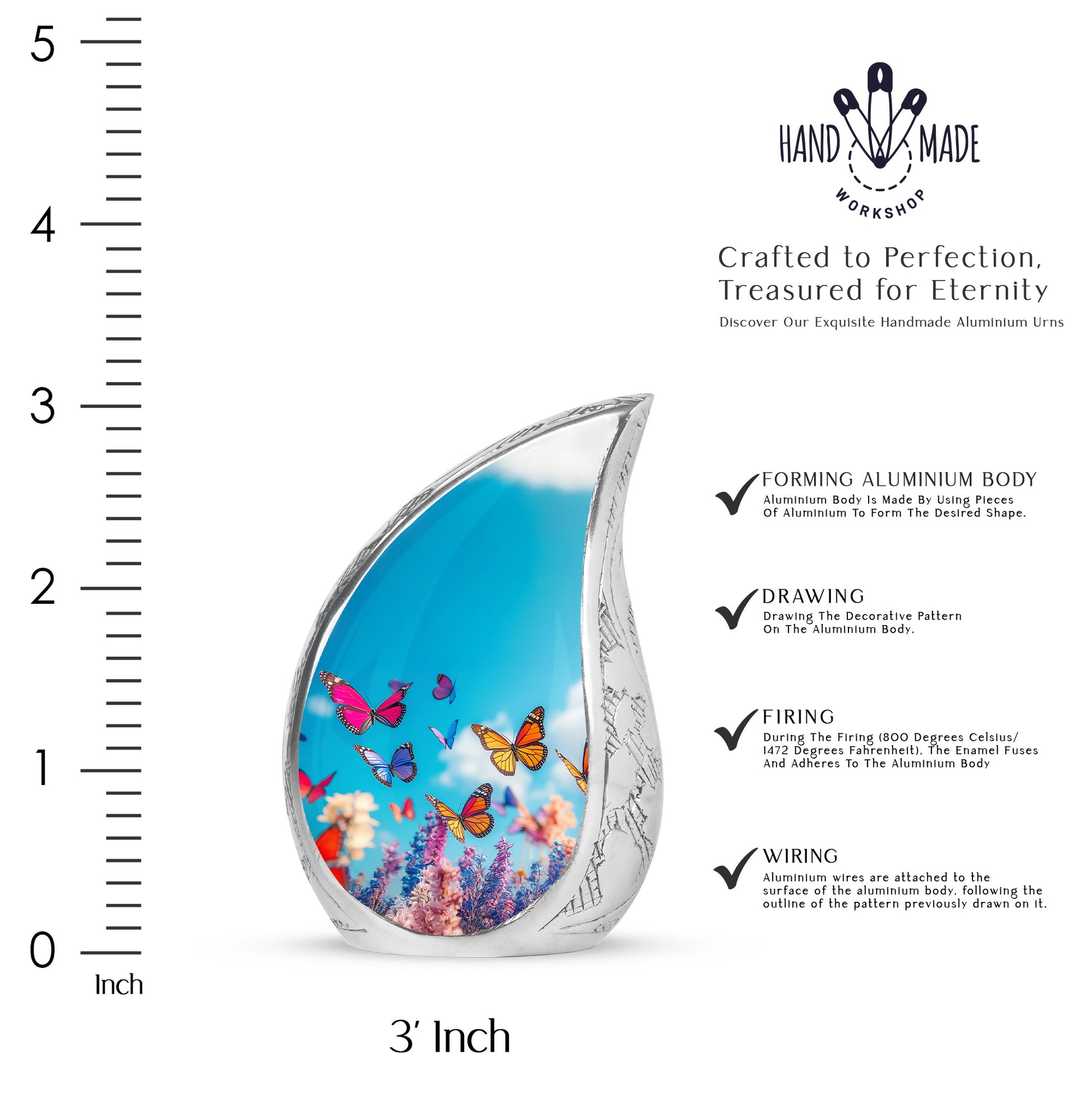 Bright Blue Butterfly Cremation Urn angled view of lid and engraved motif - smooth teardrop contour featuring butterfly art - mini keepsake memorial for portion of cremation ashes