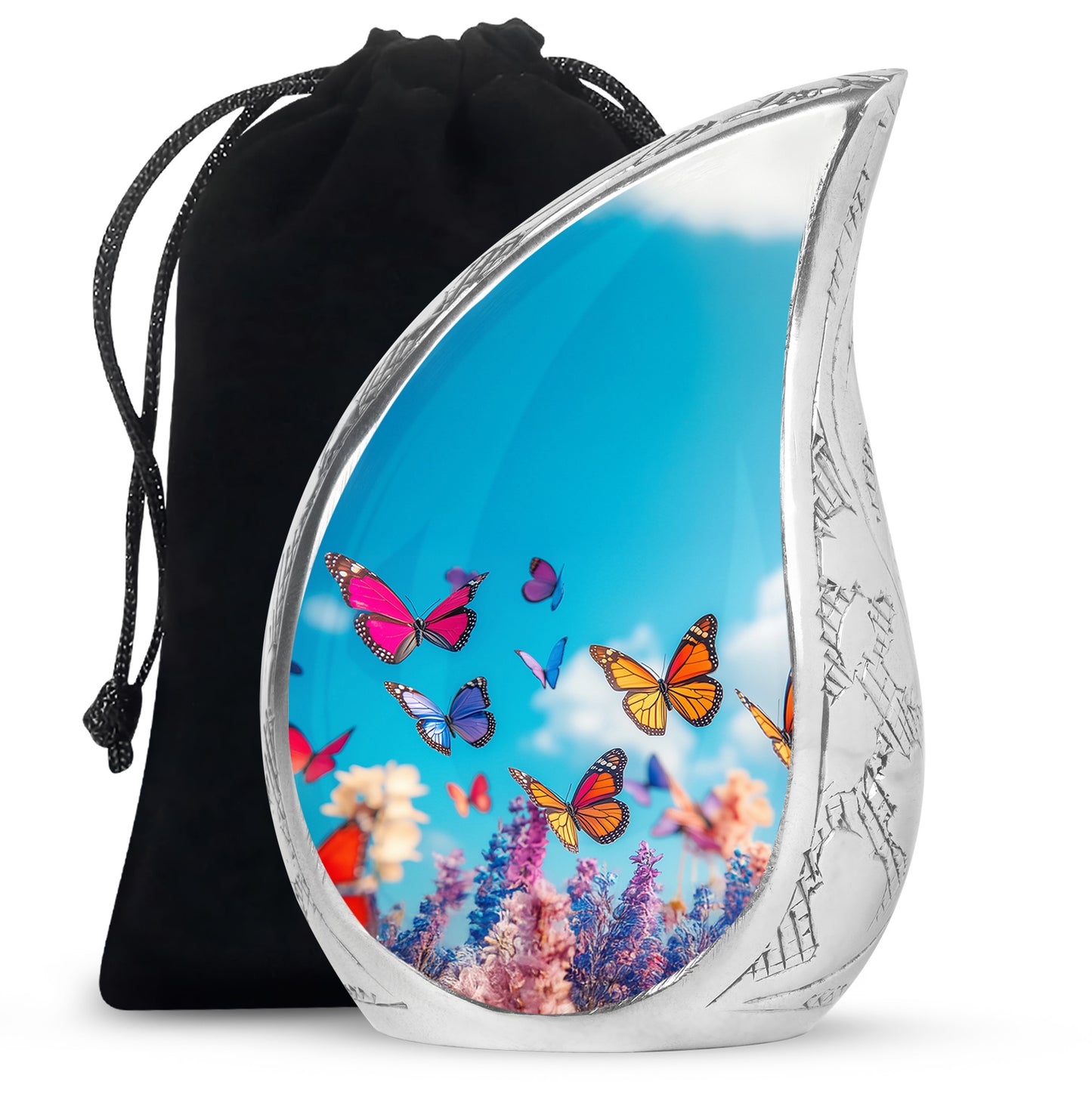 Cornflower Blue Butterfly Cremation Urn front view showing detailed design - smooth teardrop contour featuring butterfly art - full-size 10 inch 200 cubic inch adult cremation urn