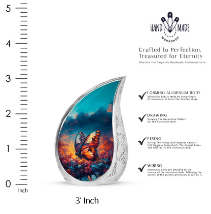 Indigo Butterfly Cremation Urn angled view of lid and engraved motif - flowing teardrop butterfly silhouette on curved aluminum - mini keepsake memorial for portion of cremation ashes