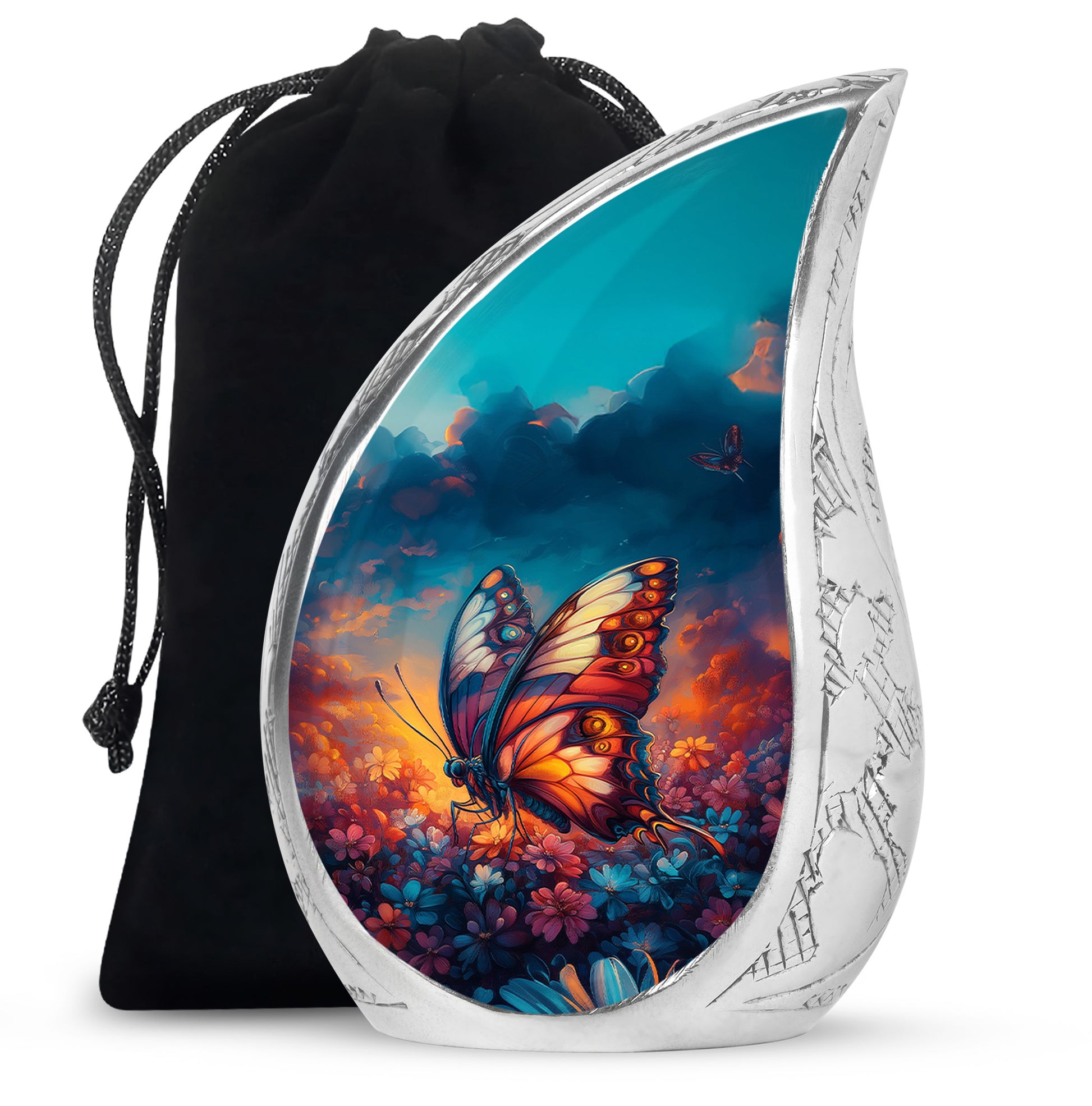 Pastel Blue Butterfly Cremation Urn front view showing detailed design - rounded teardrop butterfly design with delicate detail - full-size 10 inch 200 cubic inch adult cremation urn