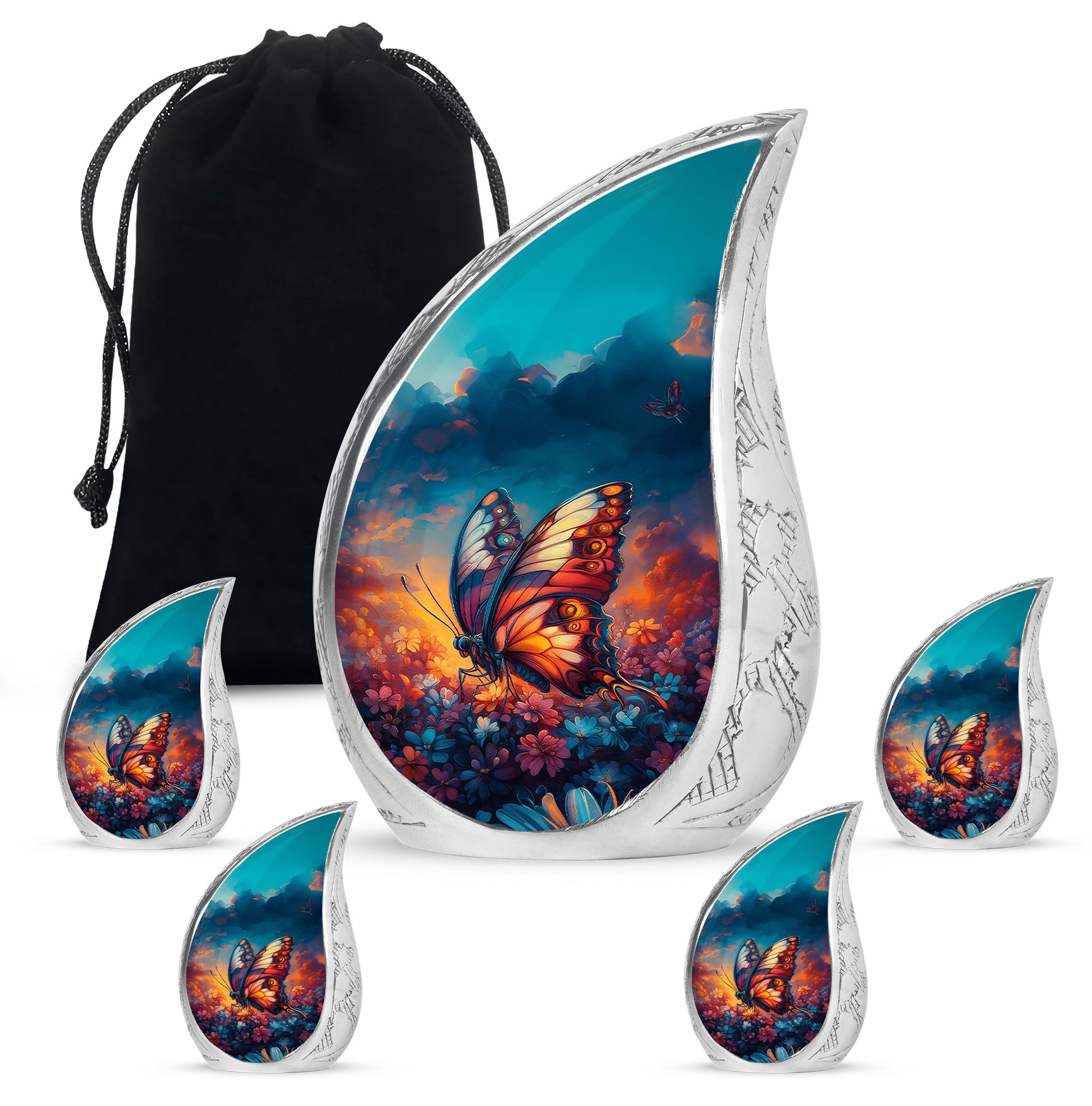 Sapphire Blue Butterfly Cremation Urn side profile showing urn shape - smooth teardrop contour featuring butterfly art - memorial set with one large and four small urns