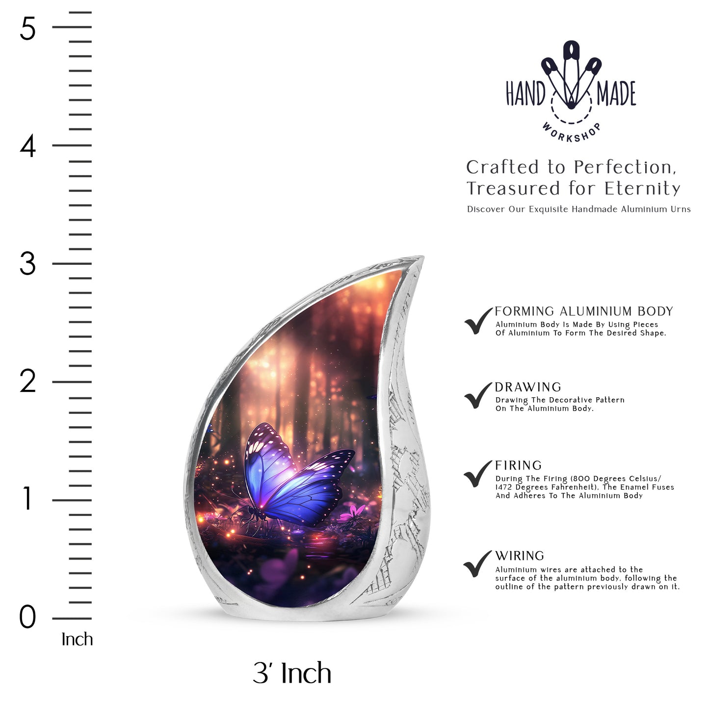 Ebony Butterfly Cremation Urn angled view of lid and engraved motif - rounded teardrop butterfly design with delicate detail - mini keepsake memorial for portion of cremation ashes