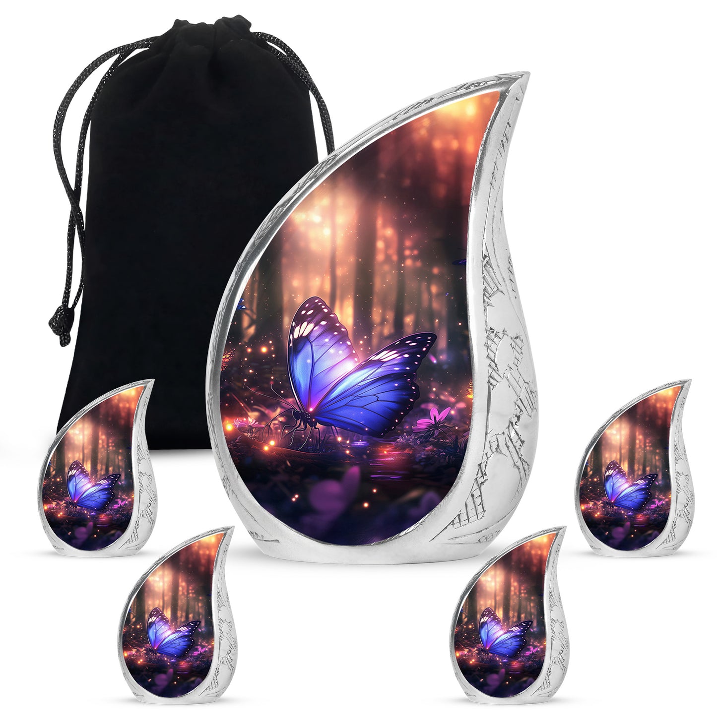 Ebony Butterfly Cremation Urn side profile showing urn shape - flowing teardrop butterfly silhouette on curved aluminum - memorial set with one large and four small urns
