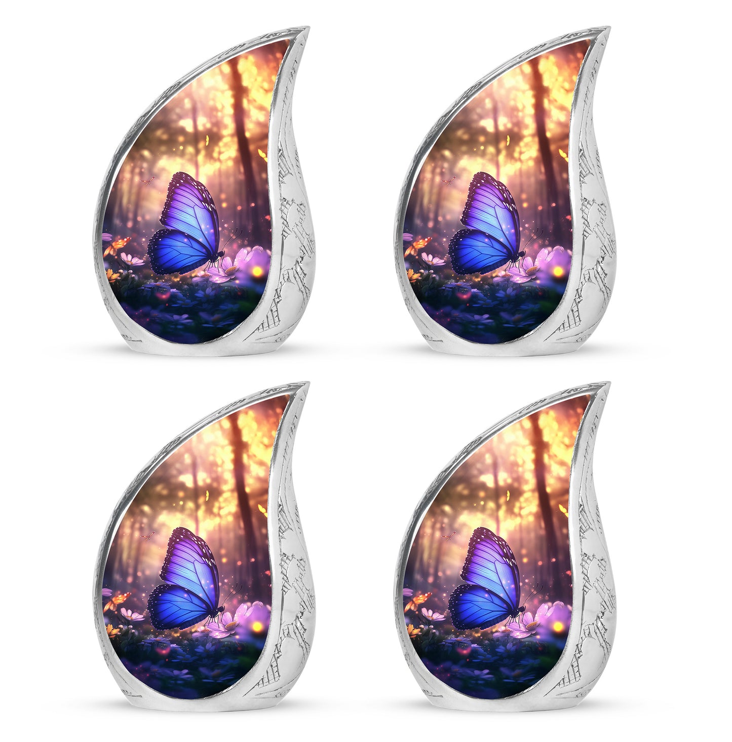 Ebony Butterfly Cremation Urn close-up of engraving and surface detail - rounded teardrop butterfly design with delicate detail - 10 inch aluminum urn for cremated remains