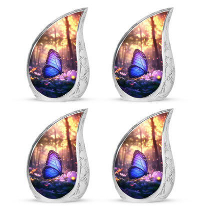 Ebony Butterfly Cremation Urn close-up of engraving and surface detail - rounded teardrop butterfly design with delicate detail - 10 inch aluminum urn for cremated remains
