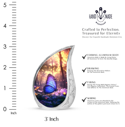 Charcoal Black Butterfly Cremation Urn angled view of lid and engraved motif - graceful tear-shaped urn with butterfly motif - mini keepsake memorial for portion of cremation ashes