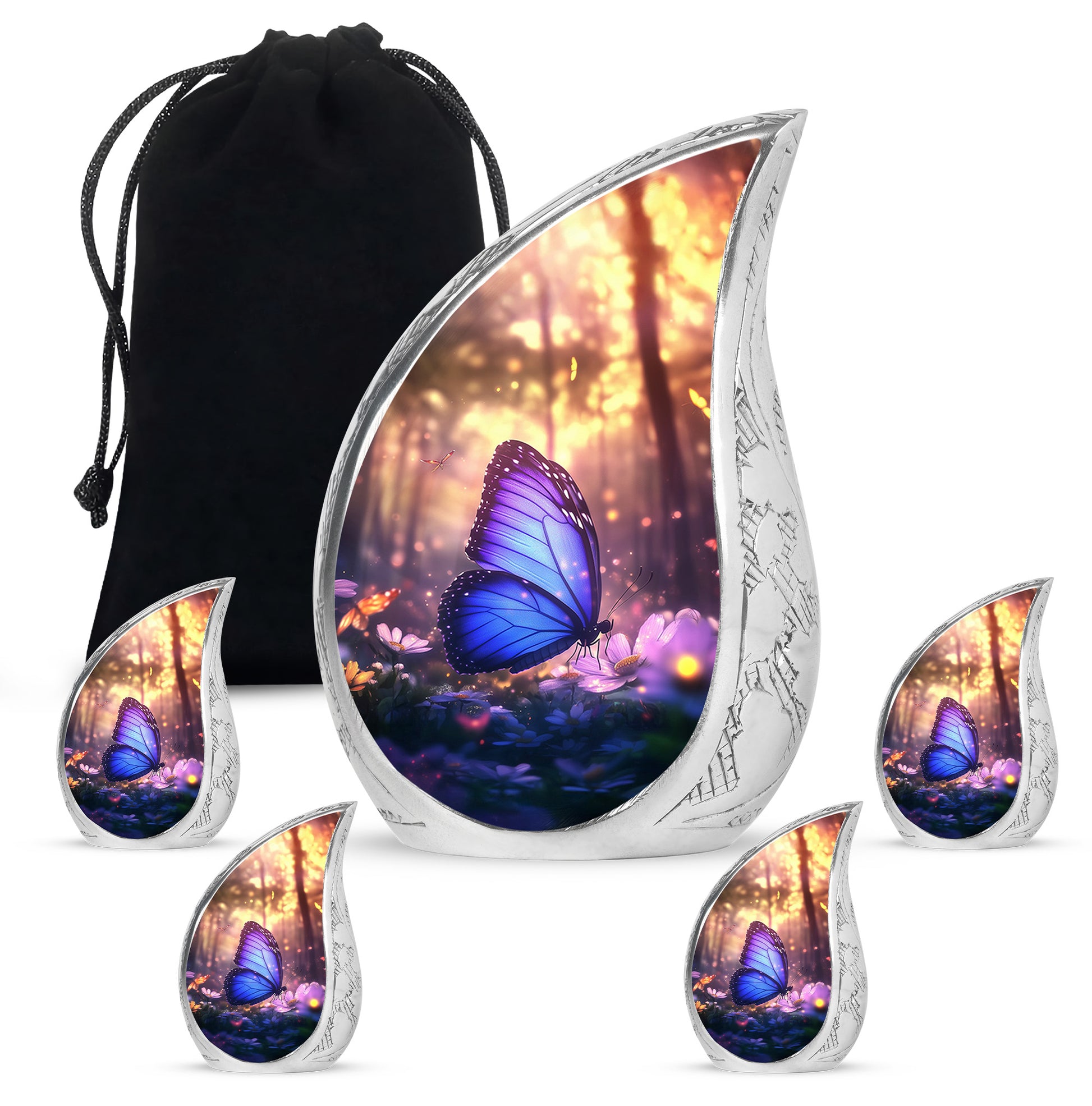Jet Black Butterfly Cremation Urn side profile showing urn shape - rounded teardrop butterfly design with delicate detail - memorial set with one large and four small urns