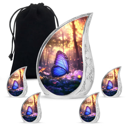 Jet Black Butterfly Cremation Urn side profile showing urn shape - rounded teardrop butterfly design with delicate detail - memorial set with one large and four small urns