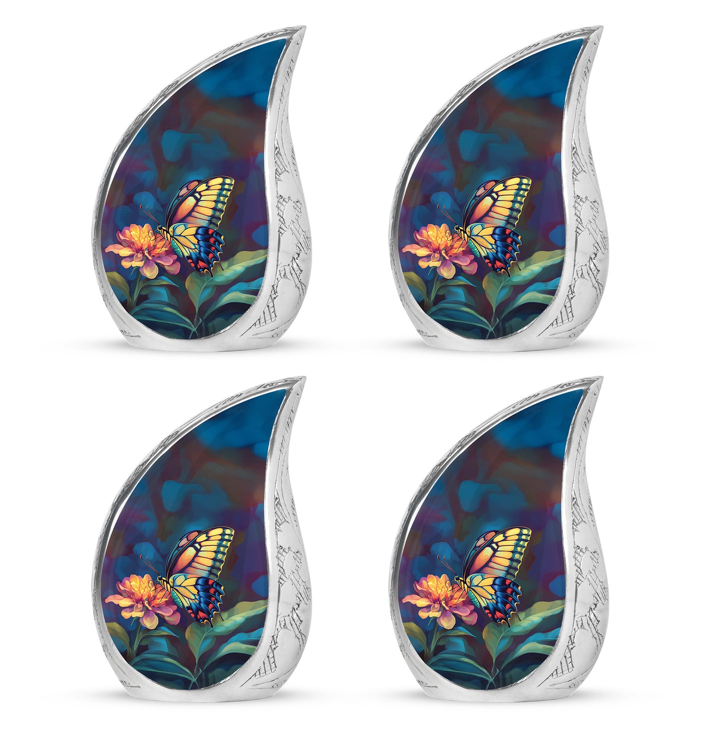 Jet Black Butterfly Cremation Urn close-up of engraving and surface detail - flowing teardrop butterfly silhouette on curved aluminum - 10 inch aluminum urn for cremated remains