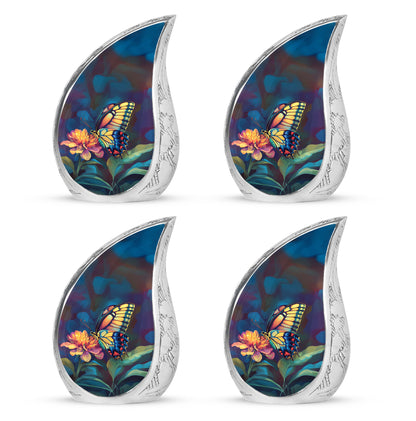 Jet Black Butterfly Cremation Urn close-up of engraving and surface detail - flowing teardrop butterfly silhouette on curved aluminum - 10 inch aluminum urn for cremated remains