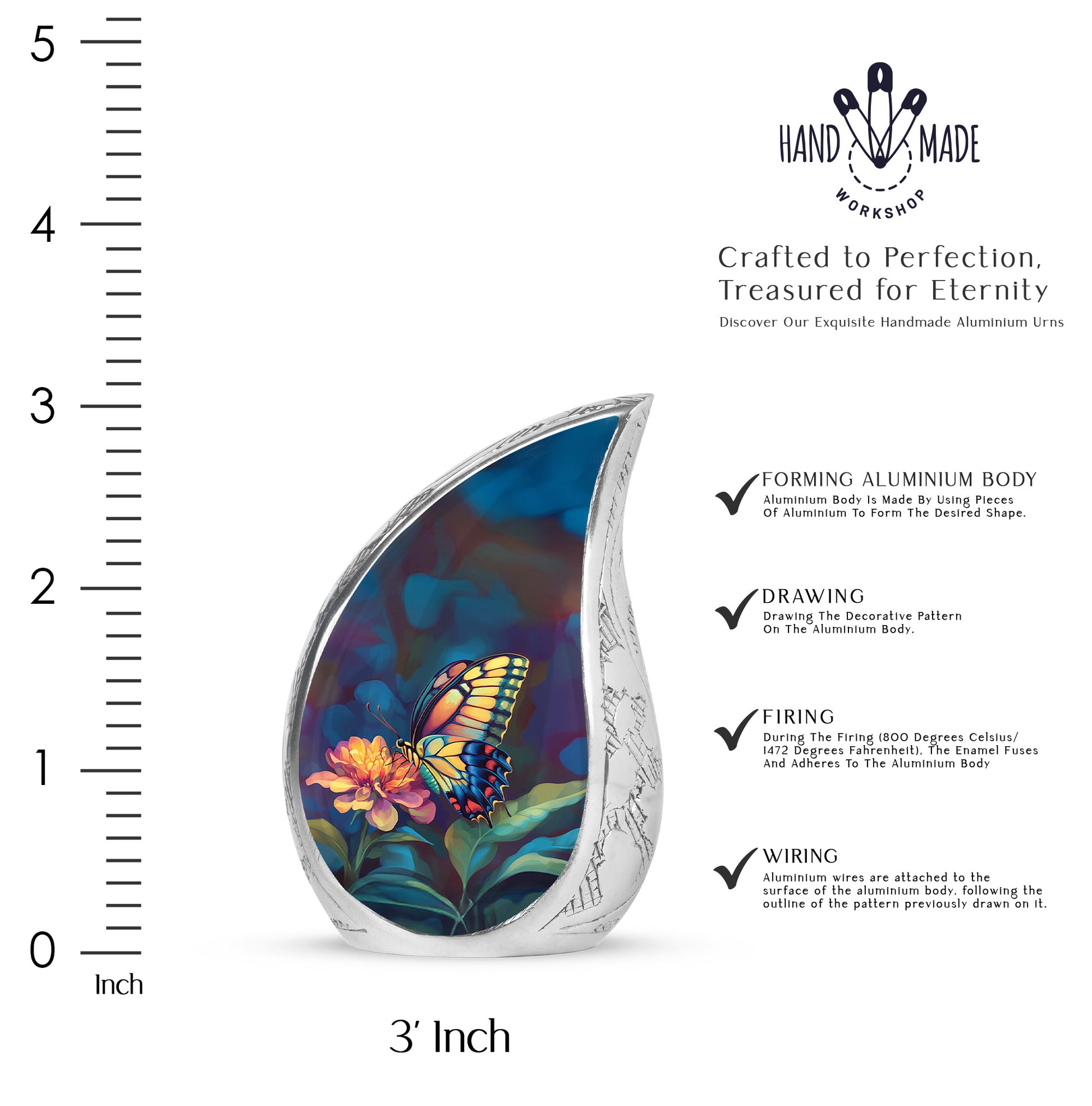 Midnight Black Butterfly Cremation Urn angled view of lid and engraved motif - graceful tear-shaped urn with butterfly motif - mini keepsake memorial for portion of cremation ashes