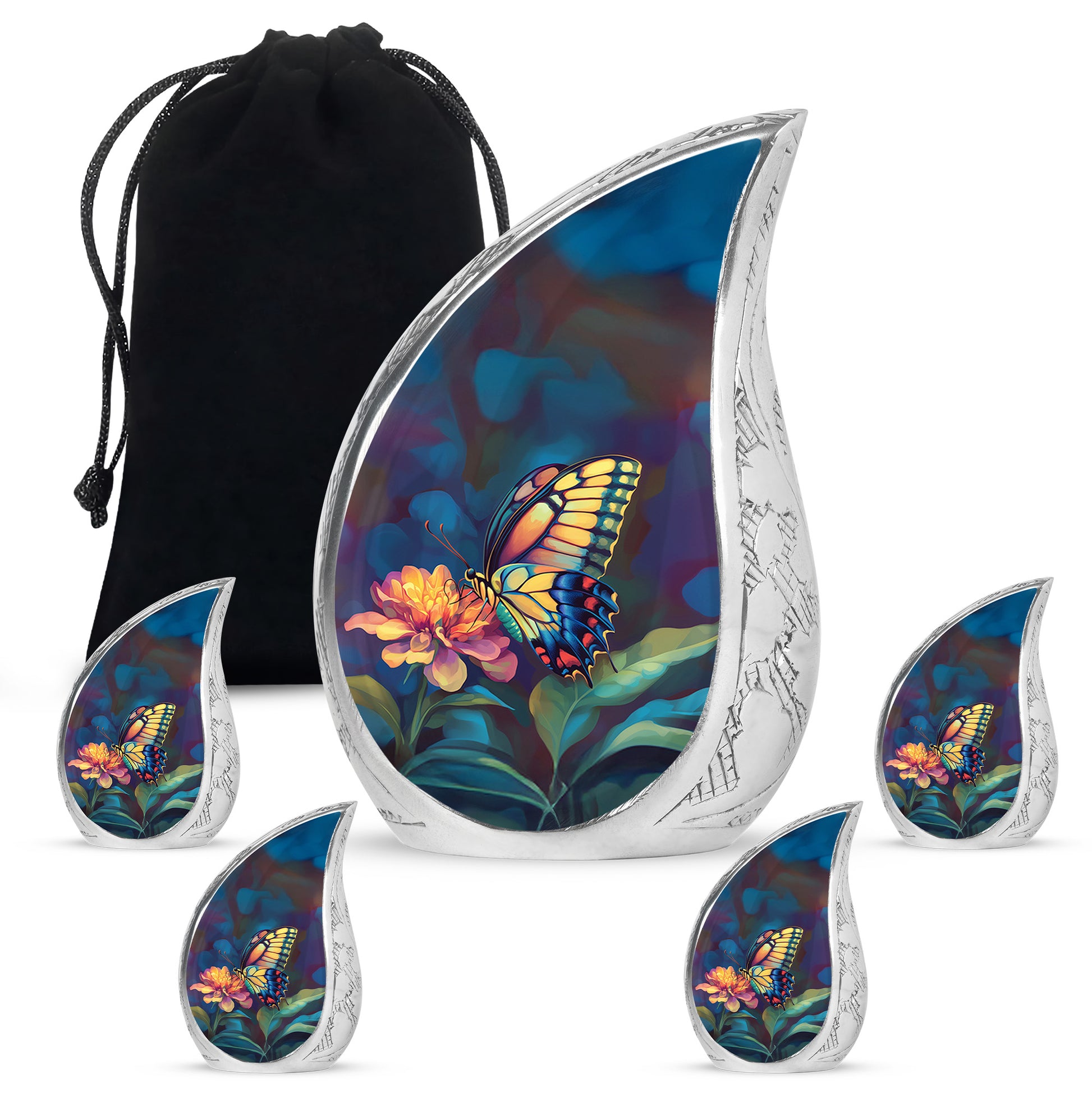 Midnight Black Butterfly Cremation Urn side profile showing urn shape - smooth teardrop contour featuring butterfly art - memorial set with one large and four small urns