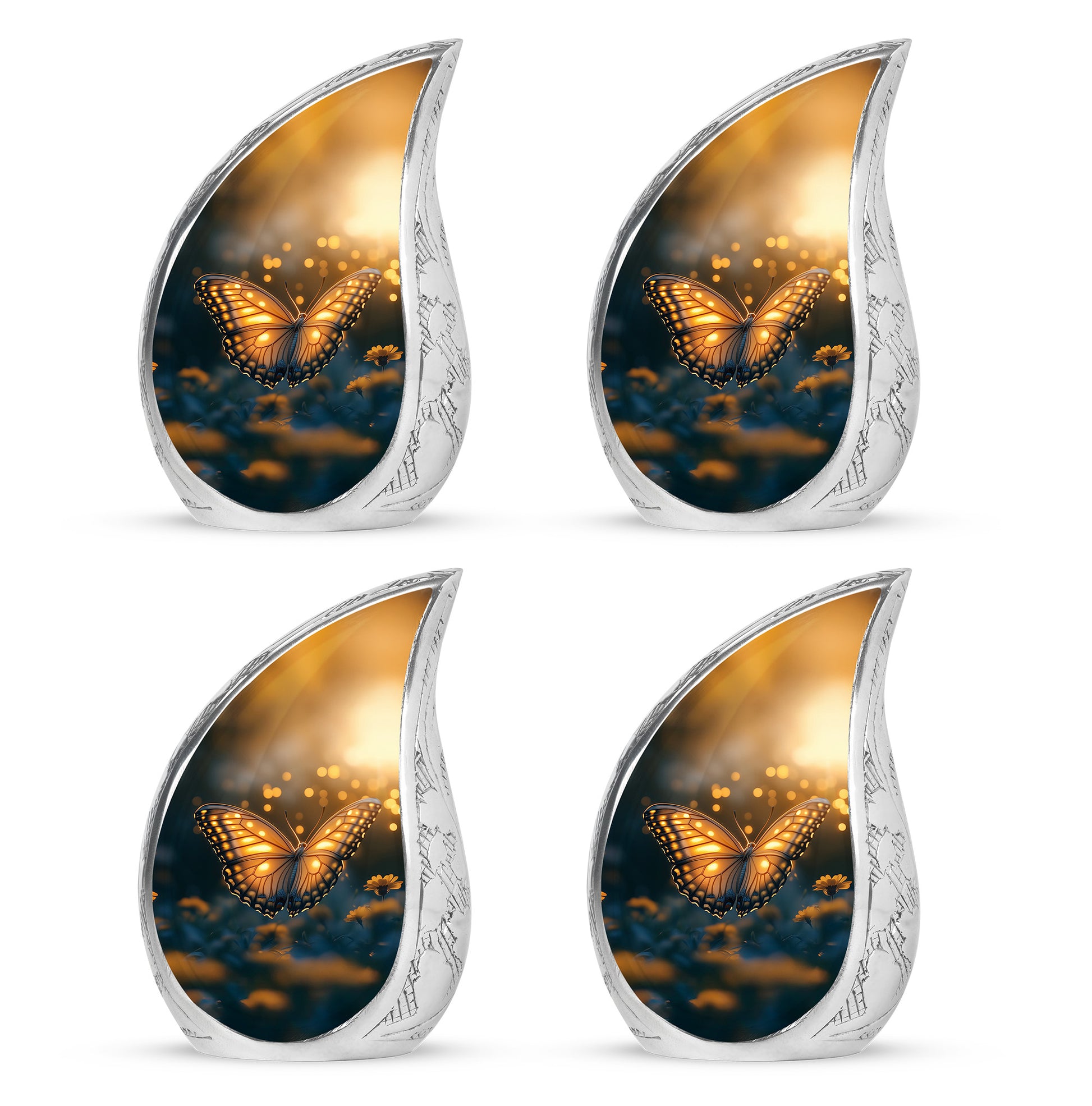 Glossy Black Butterfly Cremation Urn close-up of engraving and surface detail - rounded teardrop butterfly design with delicate detail - 10 inch aluminum urn for cremated remains