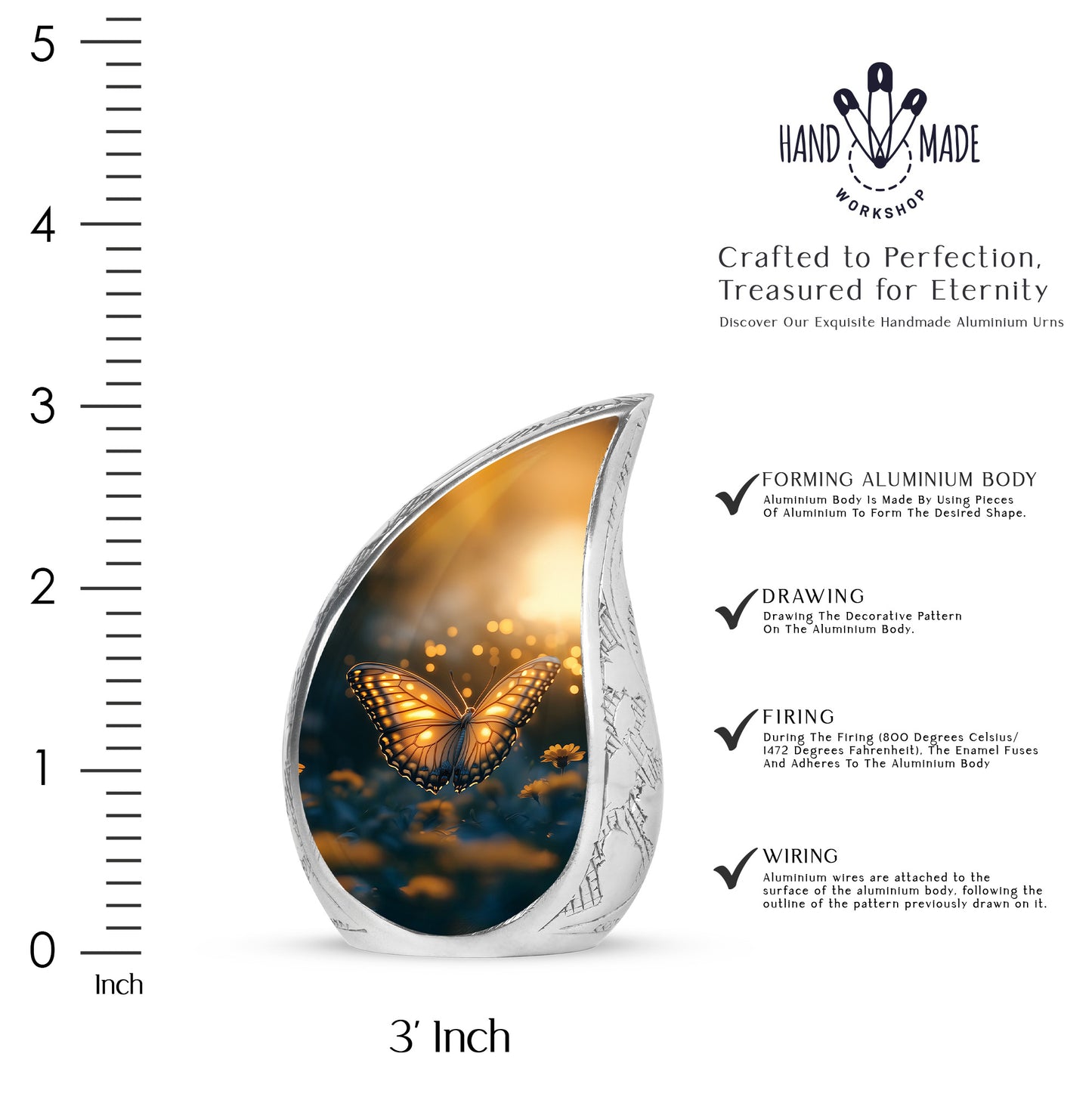 Jet Black Butterfly Cremation Urn angled view of lid and engraved motif - rounded teardrop butterfly design with delicate detail - mini keepsake memorial for portion of cremation ashes