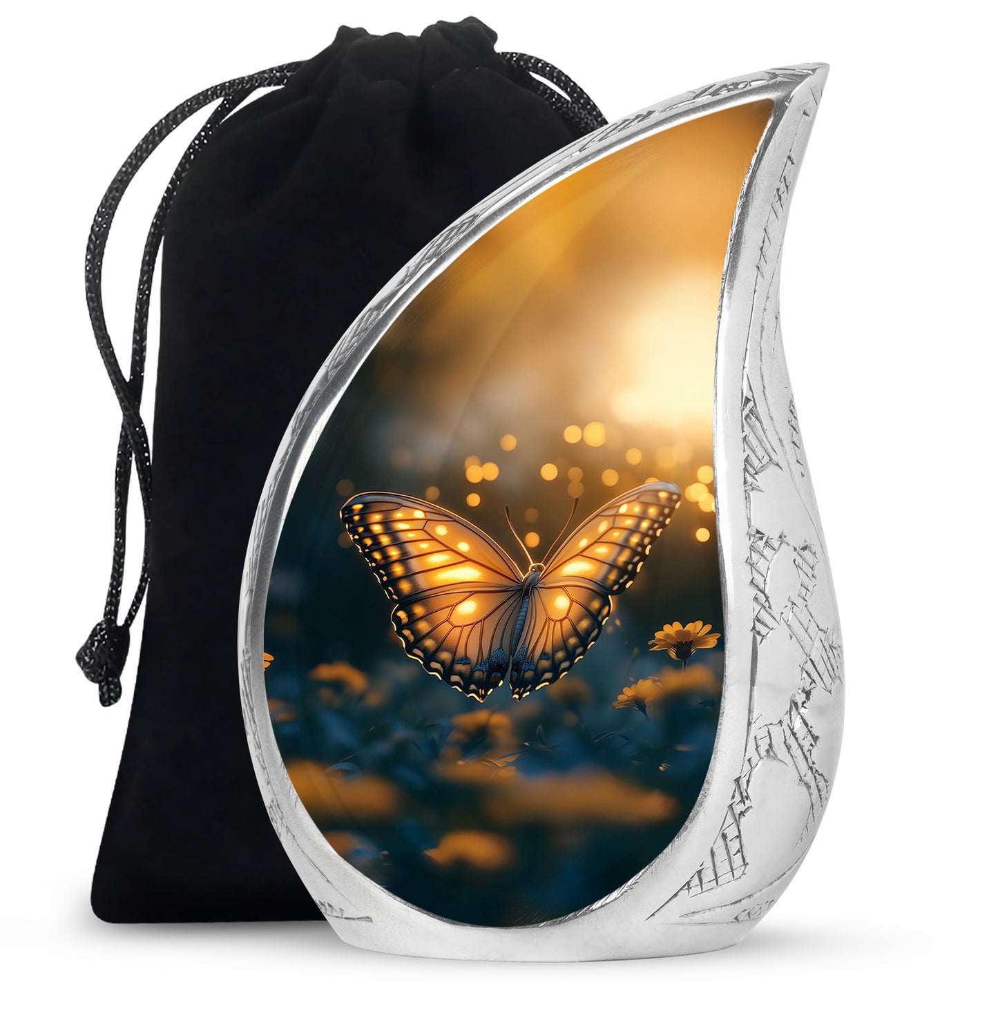 Onyx Black Butterfly Cremation Urn front view showing detailed design - smooth teardrop contour featuring butterfly art - full-size 10 inch 200 cubic inch adult cremation urn