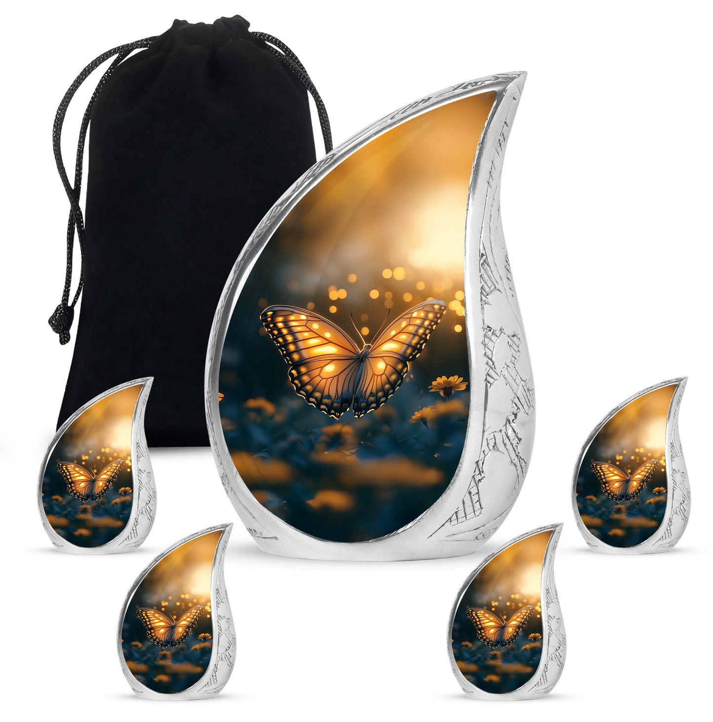 Dark Black Butterfly Cremation Urn side profile showing urn shape - smooth teardrop contour featuring butterfly art - memorial set with one large and four small urns
