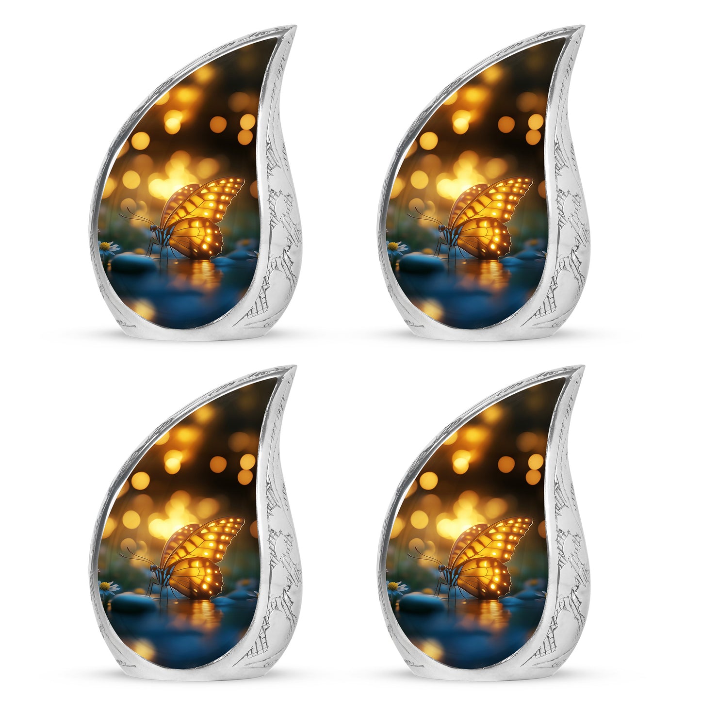 Rich Black Butterfly Cremation Urn close-up of engraving and surface detail - rounded teardrop butterfly design with delicate detail - 10 inch aluminum urn for cremated remains